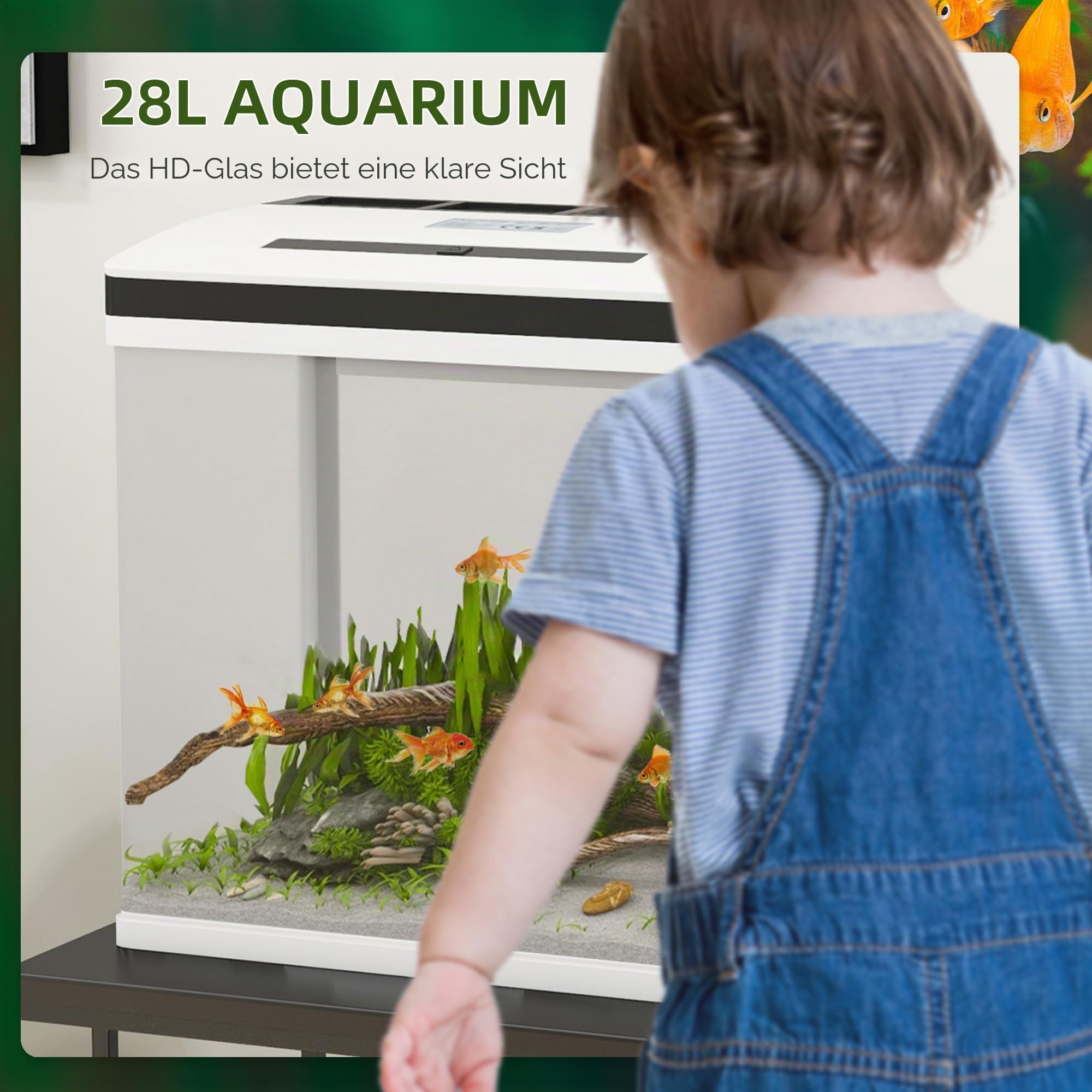 PawHut Glasaquarium mit Filter, Abdeckung und LED-Licht für Fische, Inhalt 28L, 38 x 26 x 39,5 cm, weiß