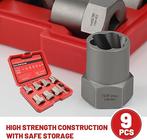Miniatura 7 de Juego de 9 extractores de pernos resistentes, juego de extractor de pernos de 12 pies, juego de extractor de tuercas para quitar tuercas peladas,