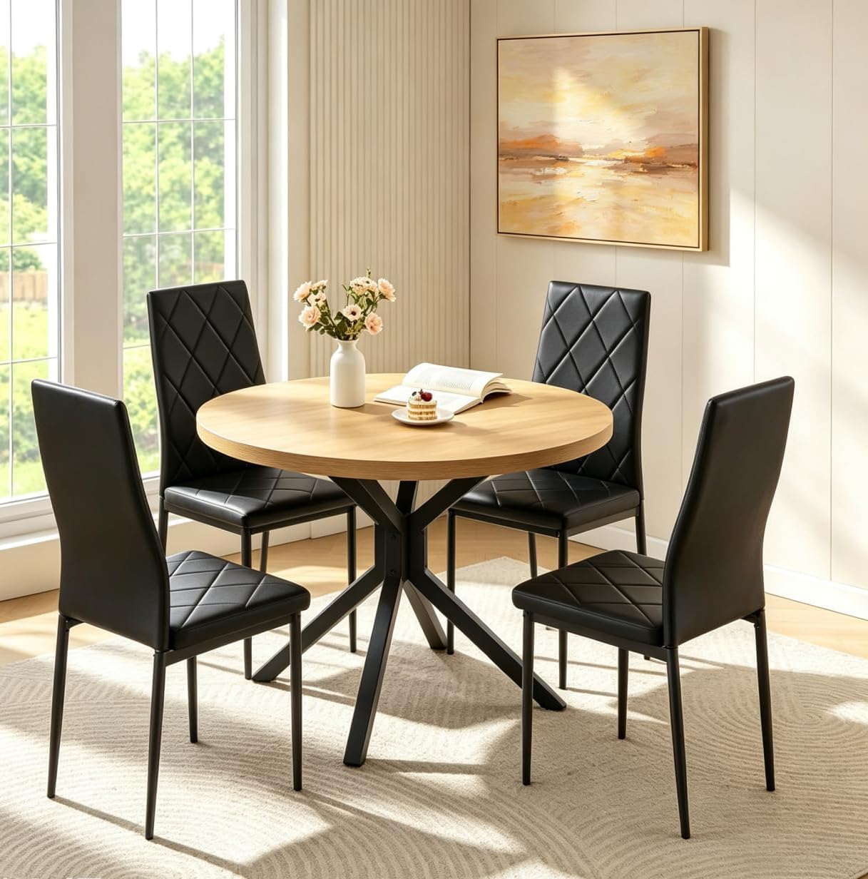 Homullel Round Dining Table and Chairs Set 4 Seater Kitchen Dining Set, 5 Pieces Table & Chairs Dinner Table Set for 4 (Oak Round Cross, 4 Seats, Black Faux Leather Argyle Grid)
