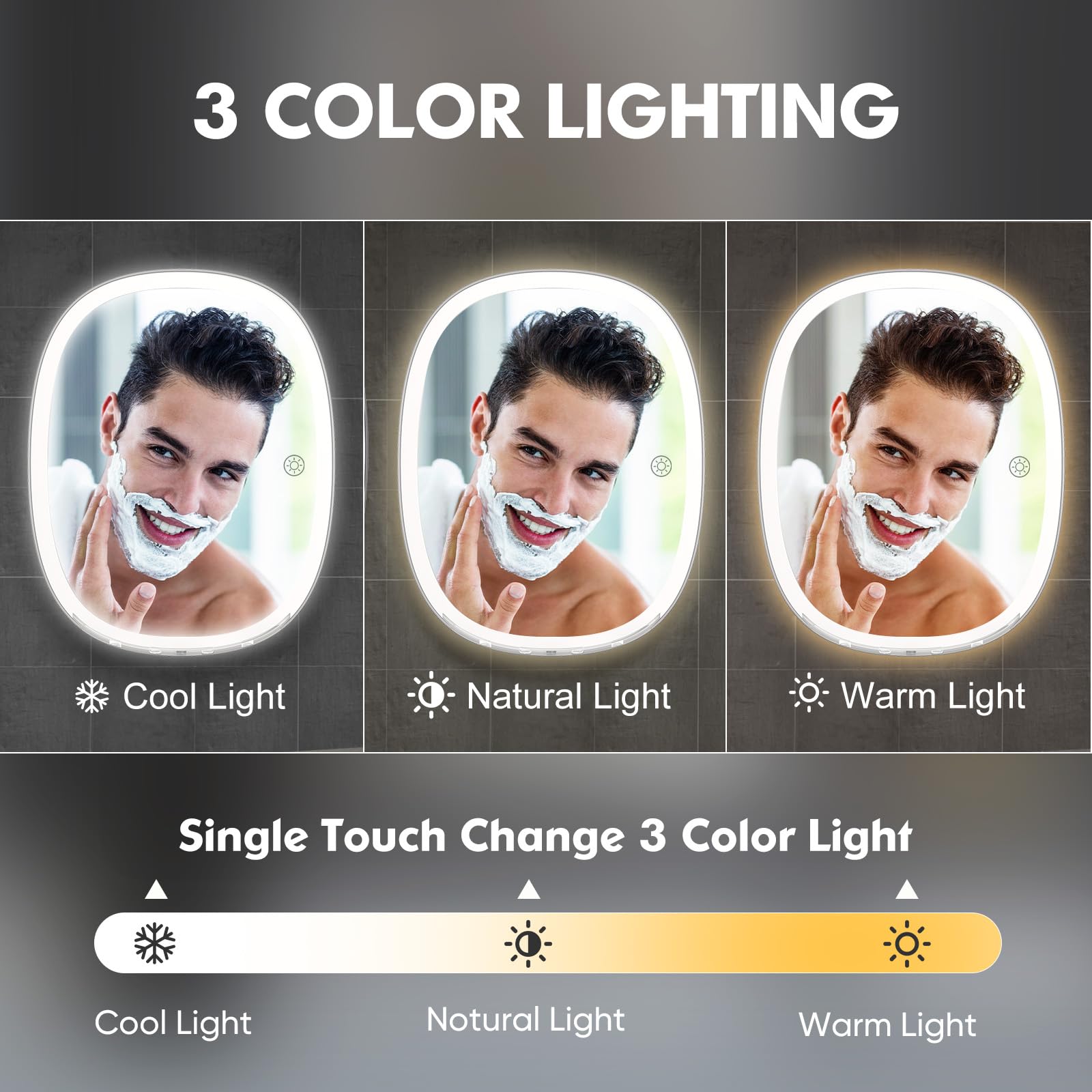 Miroir De Douche Antibuée Avec LED – 3 Couleurs, Intensité Réglable, Support Rasoir, Fixation Adhésive Sans Perçage