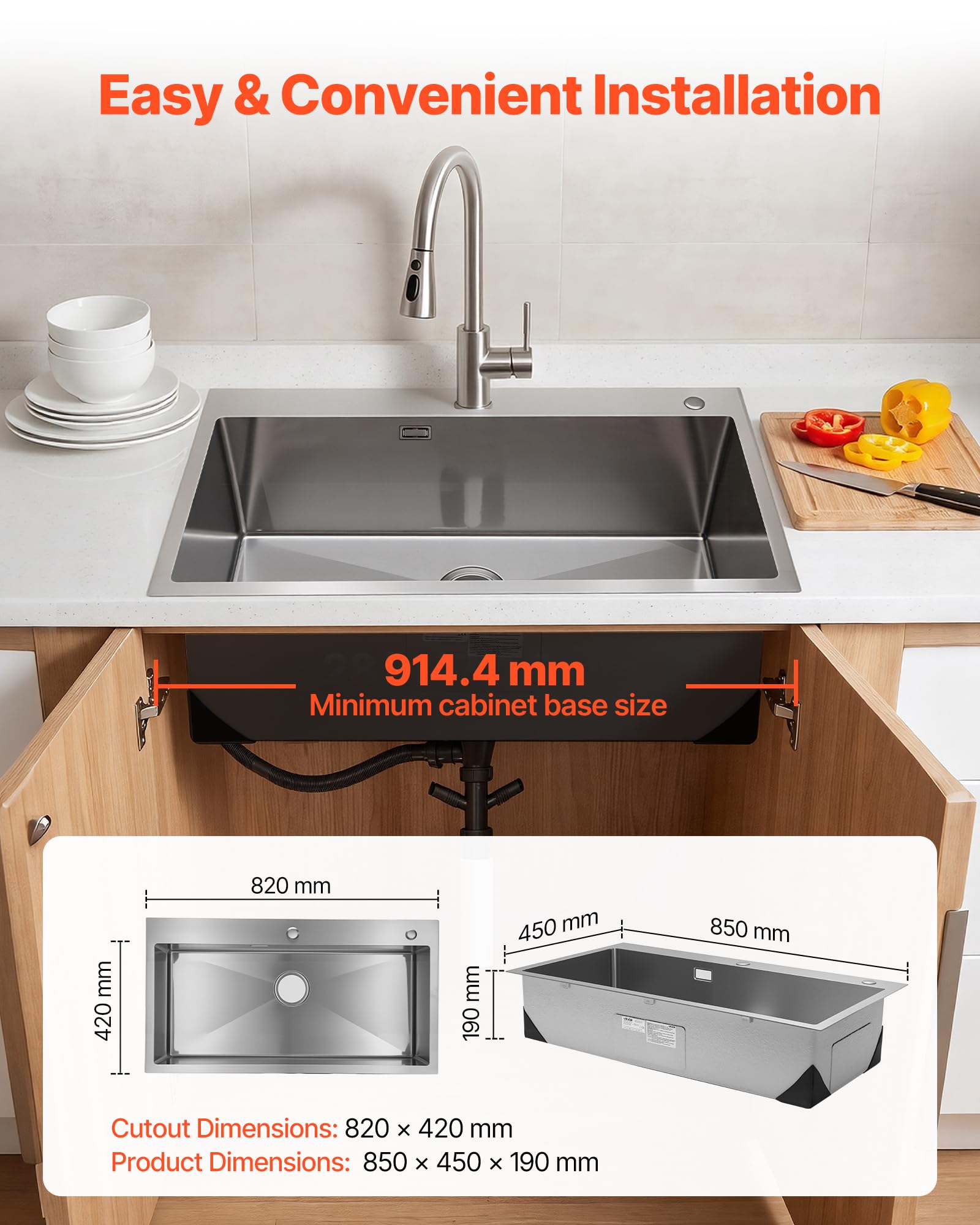 VEVOR Fregadero Sobre Encimera de 1 Seno, 850 x 450 x 190 mm, Fregadero de Cocina Empotrable de Acero Inoxidable, Esquinas Redondeadas, para Lavavajillas Domésticos, Cocinas Auxiliares, Lavaderos