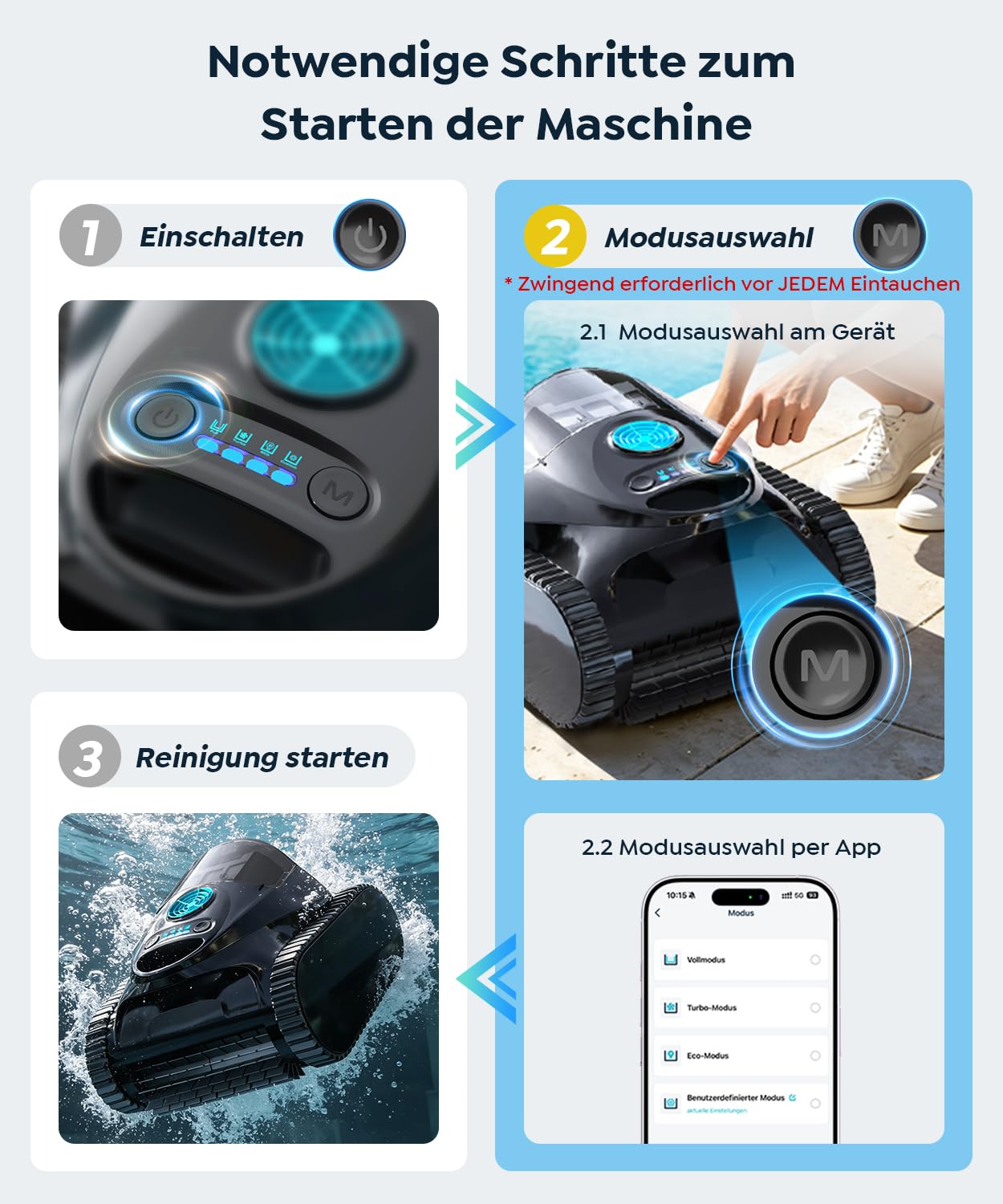 C1 Poolroboter Akku Boden und Wand, Wasserlinie, Doppelfilter, 7 Reinigungsmodi, 170-180 Minuten Laufzeit, Poolreiniger mit App, Poolsuager Akku für Pools bis zu 150 m², Tintenblau