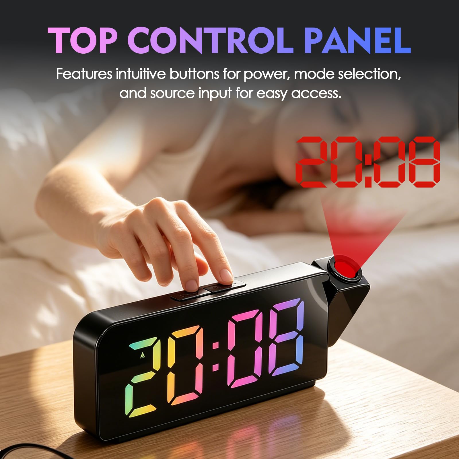 Reloj Despertador Digital con Proyector 180° RGB, 7" Pantalla LED, Temperatura y Fecha, USB Carga, Brillo Ajustable 12/24H