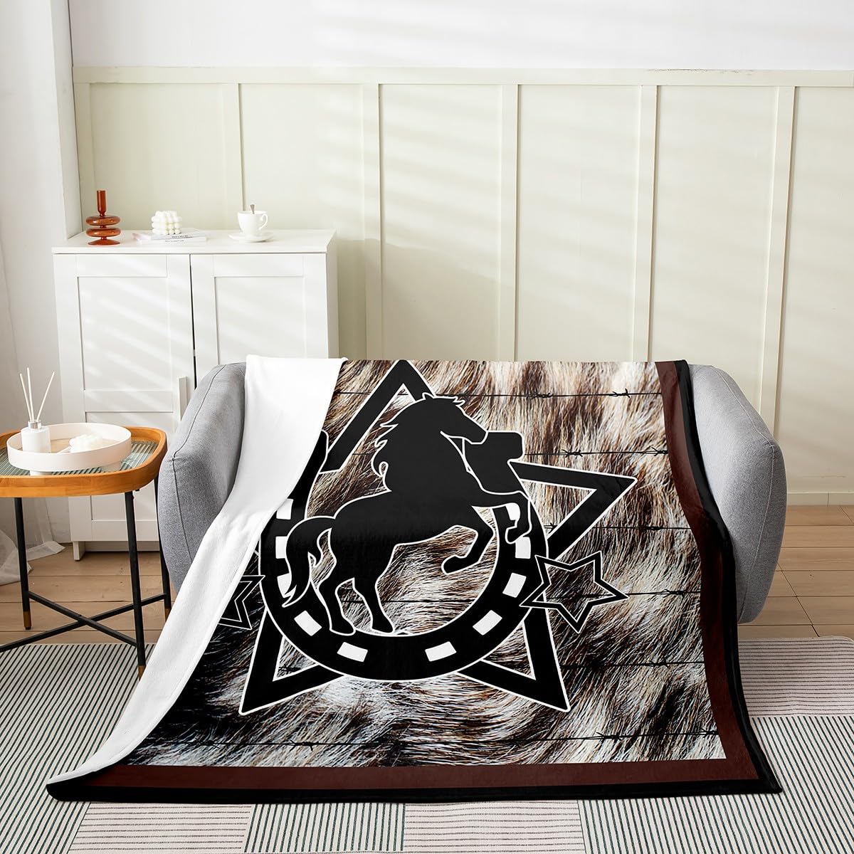 Homemissing Rustic Western Flannel Fleece Throw Blanket for Sofa Double 60x79 Inch Western Cowboy Horse Bed Blanket Decor Cowhide Print Texas Star Fuzzy Blanket Farmhouse Plush Blanket