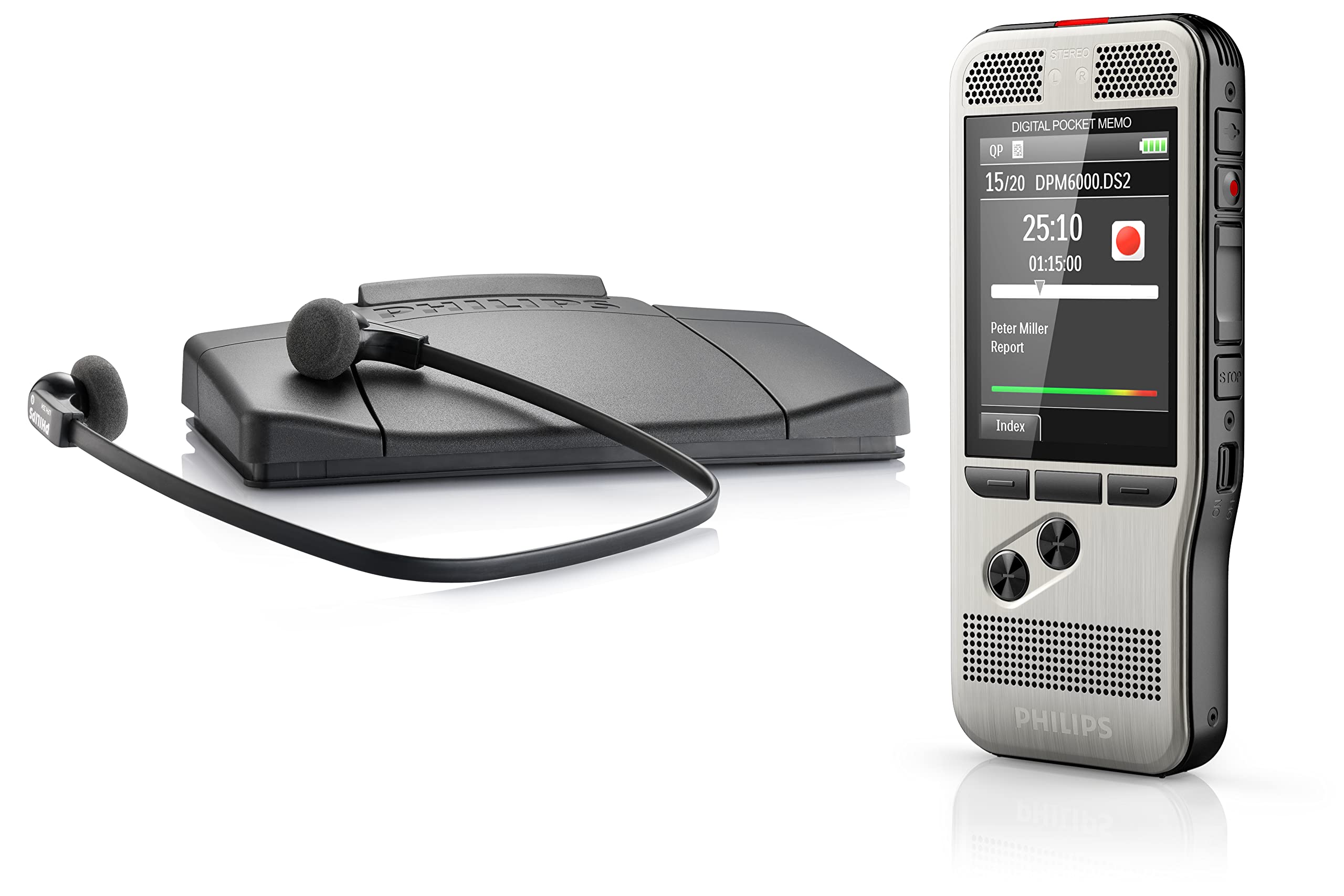 Philips PocketMemo Set für Autor und Assistenz DPM6700/03: Diktiergerät DPM6000, Fußschalter ACC2330, Stereo-Unterkinn-Kopfhörer LFH0334 und Diktier- & Wiedergabe SW SpeechExec Basic (2-Jahres ABO)