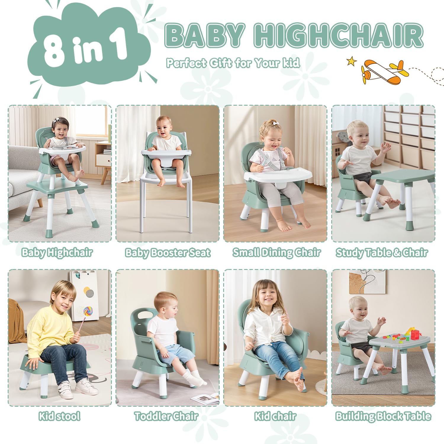 Kinder King 8 in 1 Baby High Chair, Coverts to Dining Booster Seat/Kids Table & Chair Set/Toddler Building Block Table/Kids Stool, Removable Tray & Double Seat Cover, Easy to Wipe, Green & White