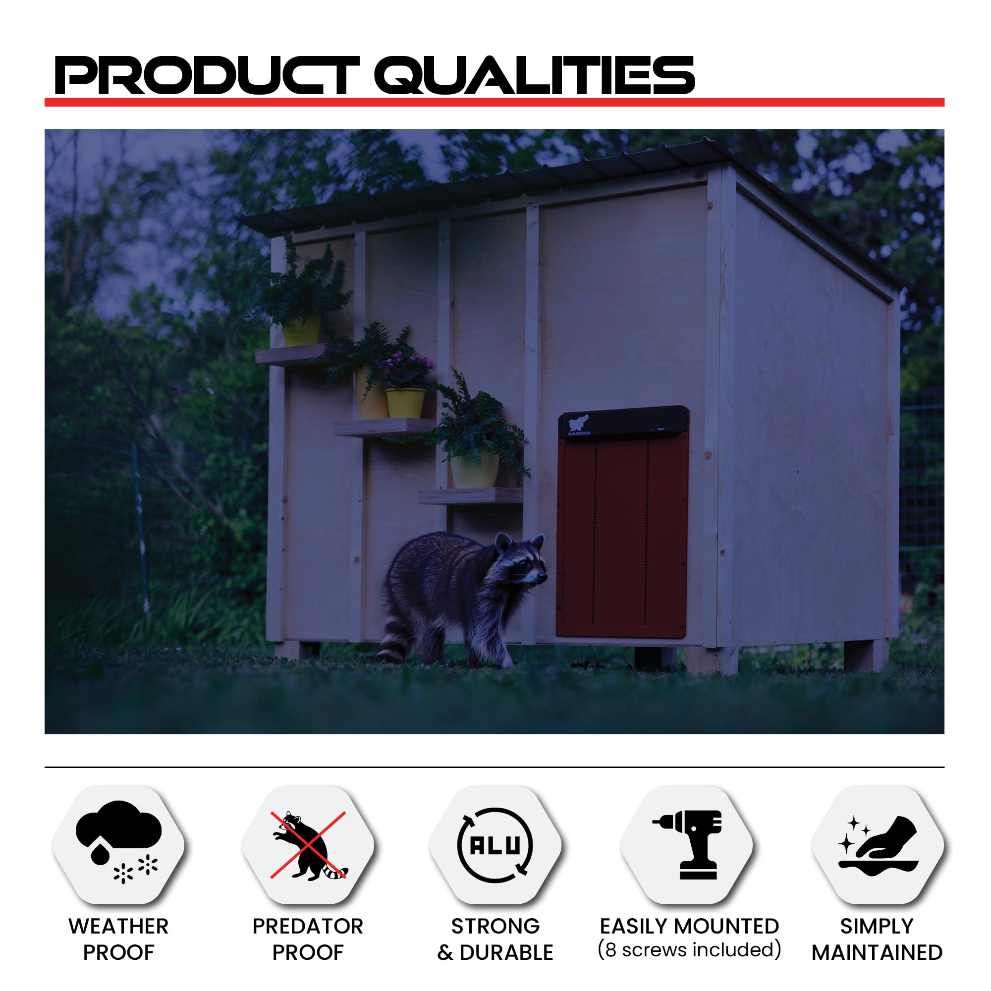 Run‑Chicken Door Giant Red – Puerta automática roja para gallineros Grandes, Funciona con Pilas AA, Control por App, Sensor de luz, Temporizador con retardo y Aluminio Resistente para Exteriores