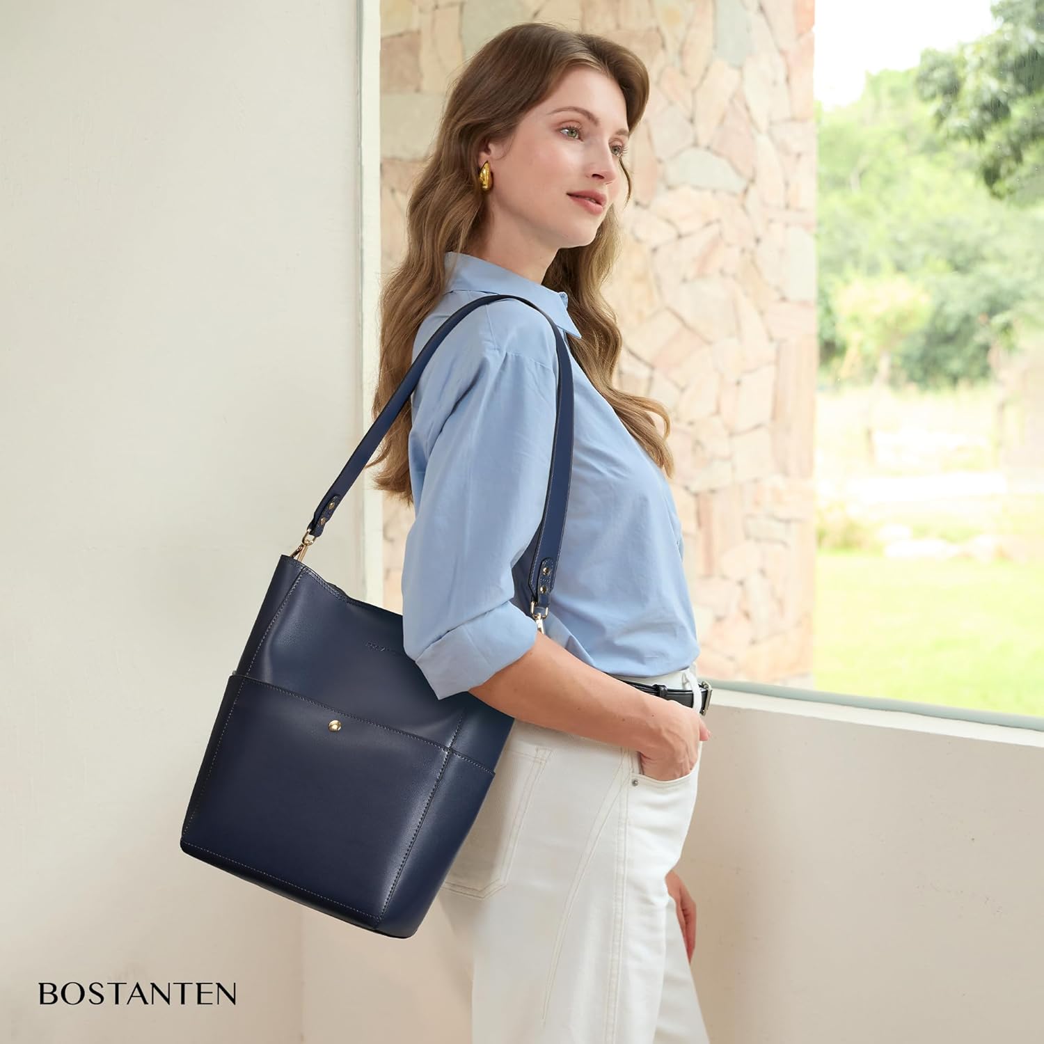 BOSTANTEN Women's Leather Designer Handbags Tote Purses Shoulder Bucket Bags