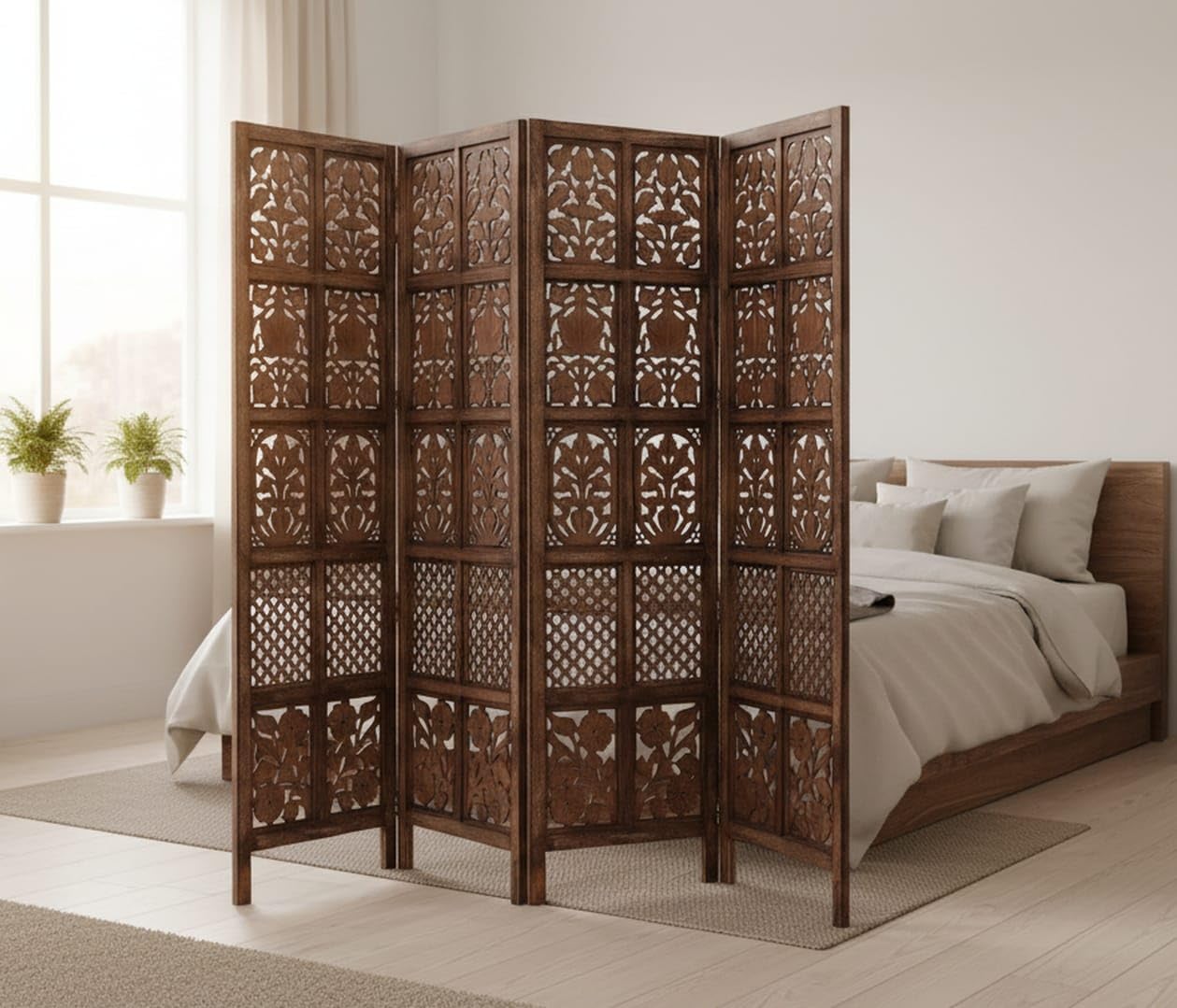 Wooden Room Divider 6ft Tall4 Panel Folding Privacy Screen, Partition for Bedroom, Home, Office, Studio & Restaurant (200W x 1.8H m) (Brown)-image-12
