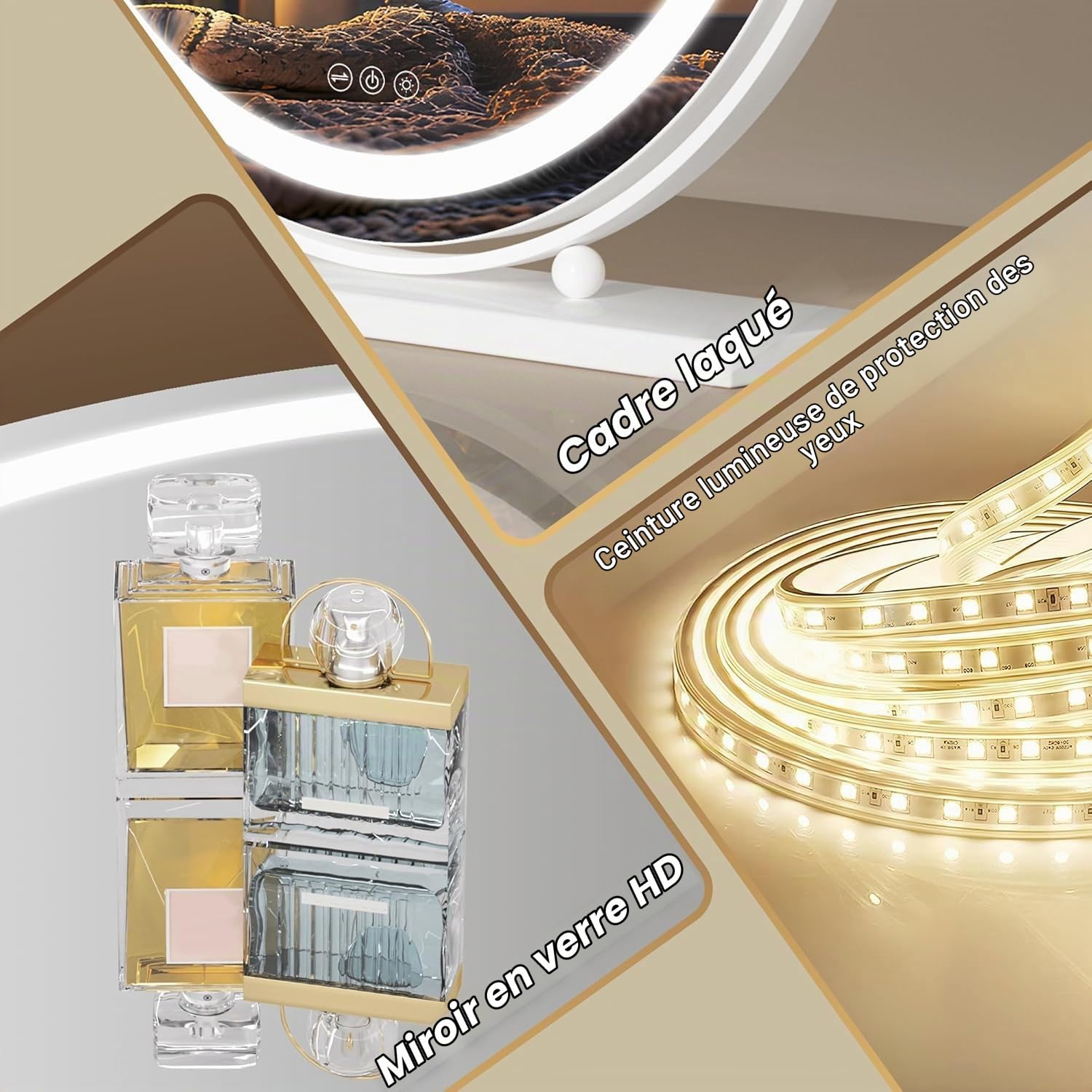 Hasipu Miroir de Coiffure avec éclairage, 60L x 60l cm, Miroir de Maquillage Lumineux avec Commande Tactile Intelligente, 3 Couleurs dimmables, Rotation 360°, Blanc Rond
