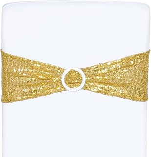 SquarePie 50 Pcs Gold Sequin Chair Sashes Bands, Glitter Double-Sided Sequins Stretch Chair Cover Bows with Buckle Slider for Wedding Party Banquet Gala Event Decor