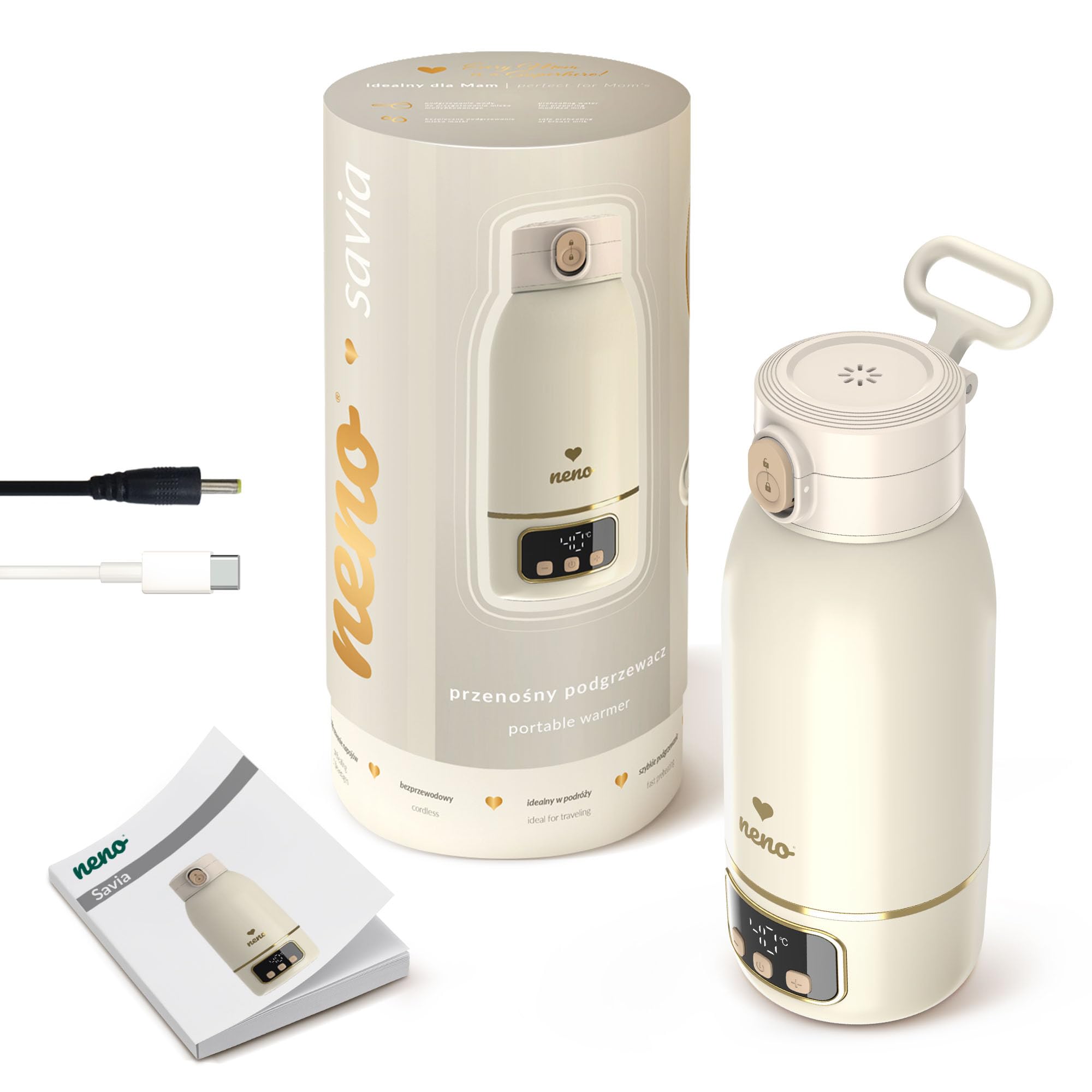 NENO Savia Flaschenwärmer Baby Unterwegs - Babyflaschen Wärmer Tragbar - Mobiler Fläschchenwärmer - 500 ml Kapazität - Erwärmung bis 55 °C - Schnelle Aufheizung und Lange Akkulaufzeit