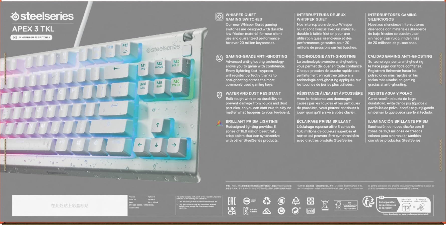 SteelSeries Apex 3 TKL - Tastiera Gaming Bianco - Fattore di forma compatto senza tastierino - Illuminazione RGB a 8 zone - Resiste ad acqua e polvere - Switch da gaming super silenziosi - UK QWERTY
