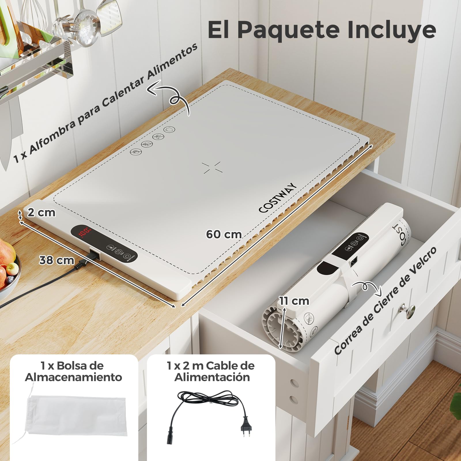 COSTWAY Manta Electrica para Calentar Alimentos, Bandeja de Silicona Enrollable y Portátil con Calentamiento Rápido, Calentador de Alimentos con Apagado Automático y Bloqueo para Niños (Blanco)