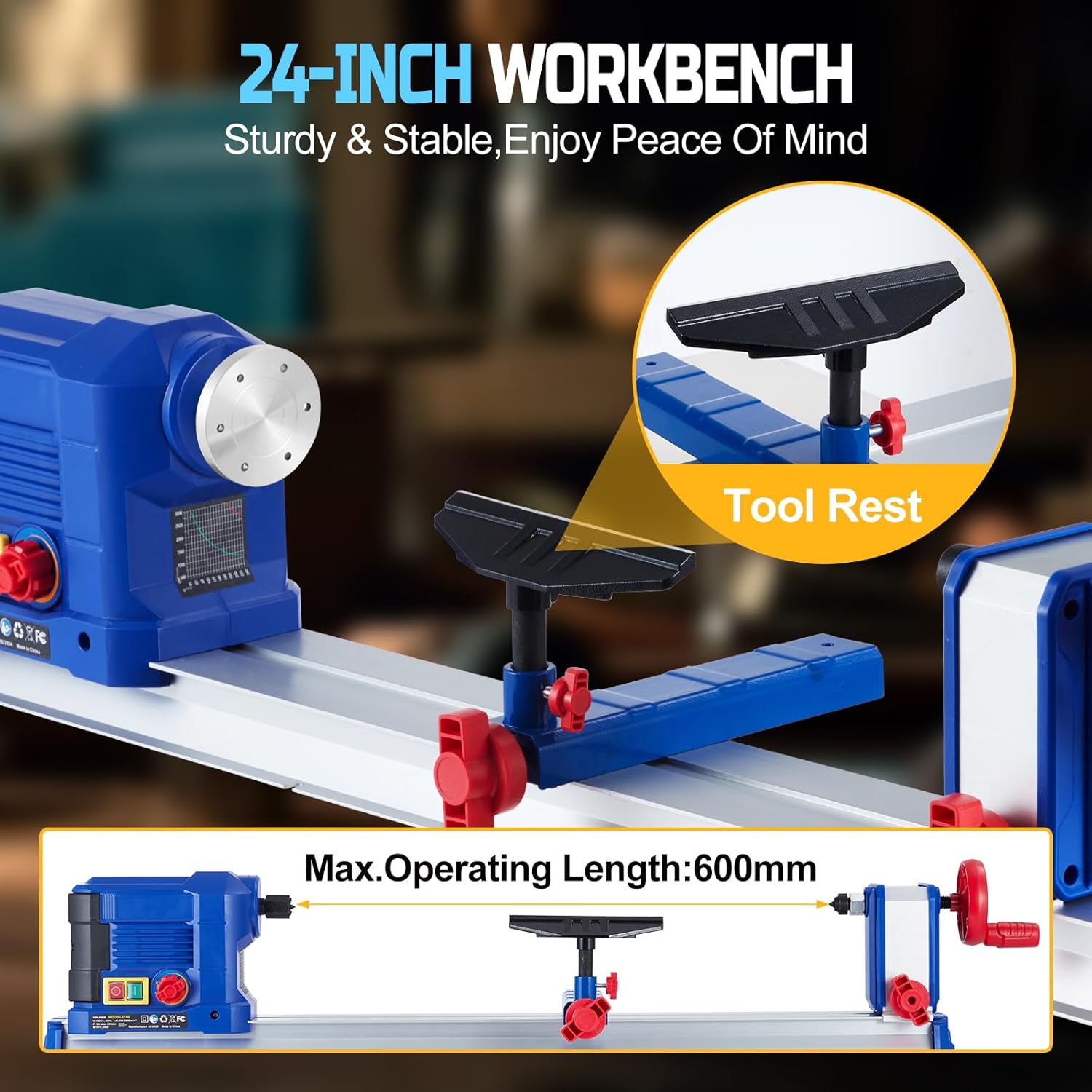 Wood Lathe, 10" x 24" Benchtop Wood Lathe Machine 0.8 HP 600W Infinitely Variable Speed 800-3000 RPM, Wood Turning Lathe Machine with Wrench & 2 Chisels for Woodworking, Woodturning