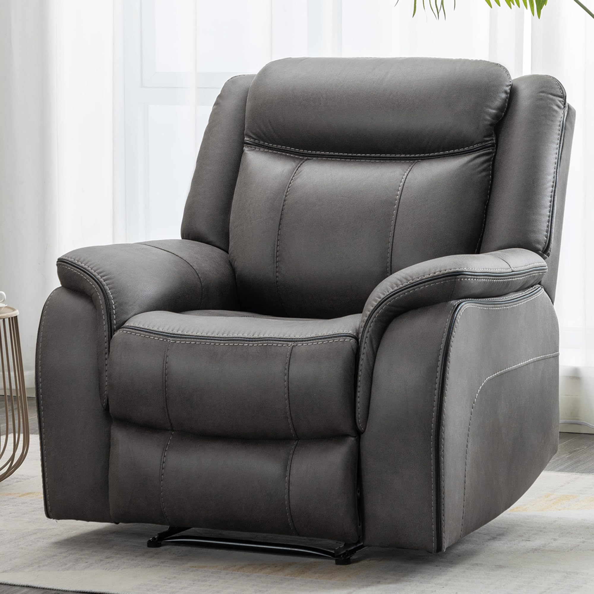 Leather Recliner Chair, manual recliner,Grey Overstuffed with Massage Vibration and Heat,Single Reclining Sofa Chair for Living Room, Bedroom, Theather, 38.9 Wide
