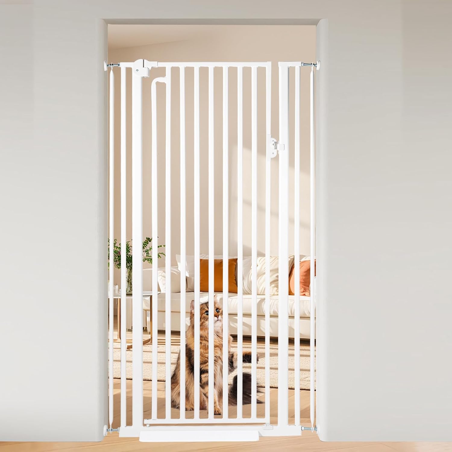 59“ Extra Tall Cat Gate for Doorway：29.4-33.4” Wide Pet Gate, Auto Close/One Handed Open, 1.34” Extra Small Gap, No Drill Pressure Mount Tall Cat Gate for Interior Stairs/Kitchens/Hallways (White)