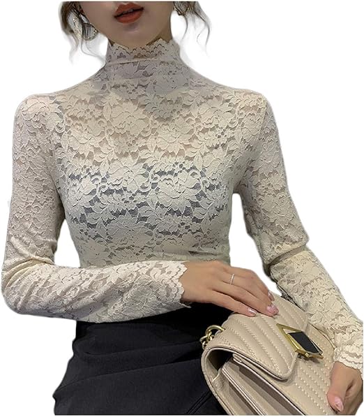 Amazon エムズ ミミ レーストップス レディース ハイネック インナー 長袖 シャツ ブラウス 通販