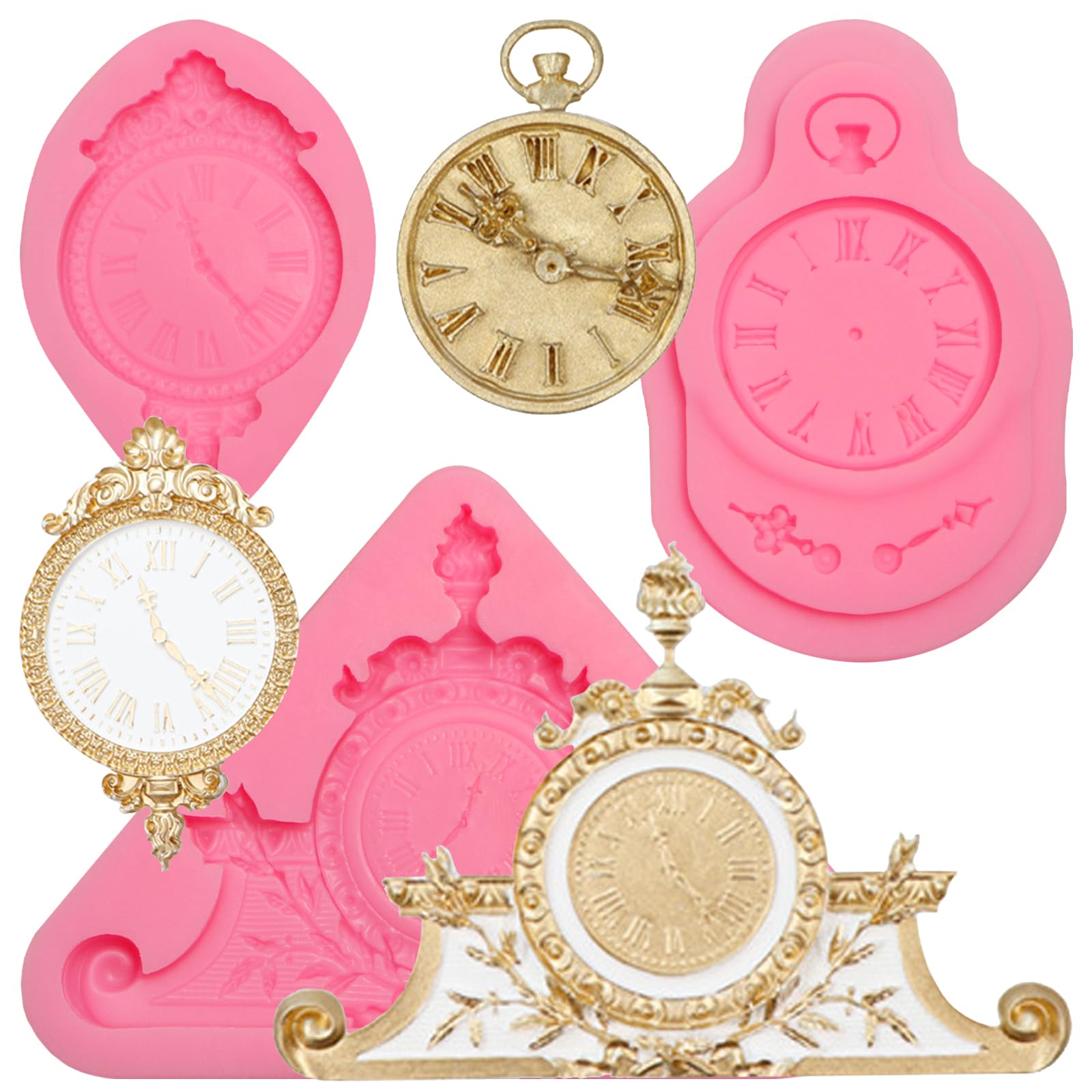 Large Clock Fondant Silicone Molds, Steampunk Vintage Wall Clocks Chocolate Molds for Steampunk Travel Theme Cake Decoration, Cupcake Toppers Candy Sugarcraft GumPaste Polymer Clay Resin Set of 3