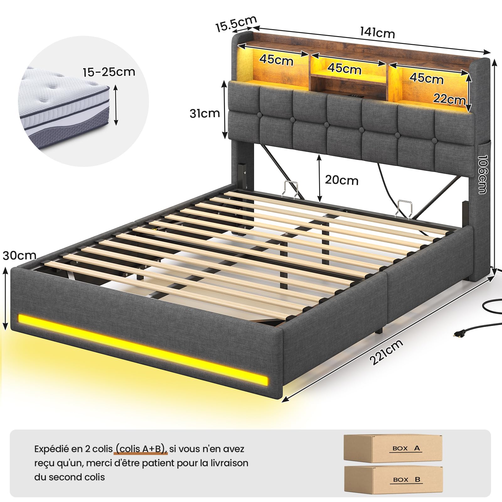 AOGLLATI Lit Coffre 140x190, Lit 140x190 avec Sommier à Lattes en Bois Capitonné avec Multiprise et Ruban LED, 5 Compartiments et Rangement sous Sommier, sans Matelas, Lin Gris Foncé