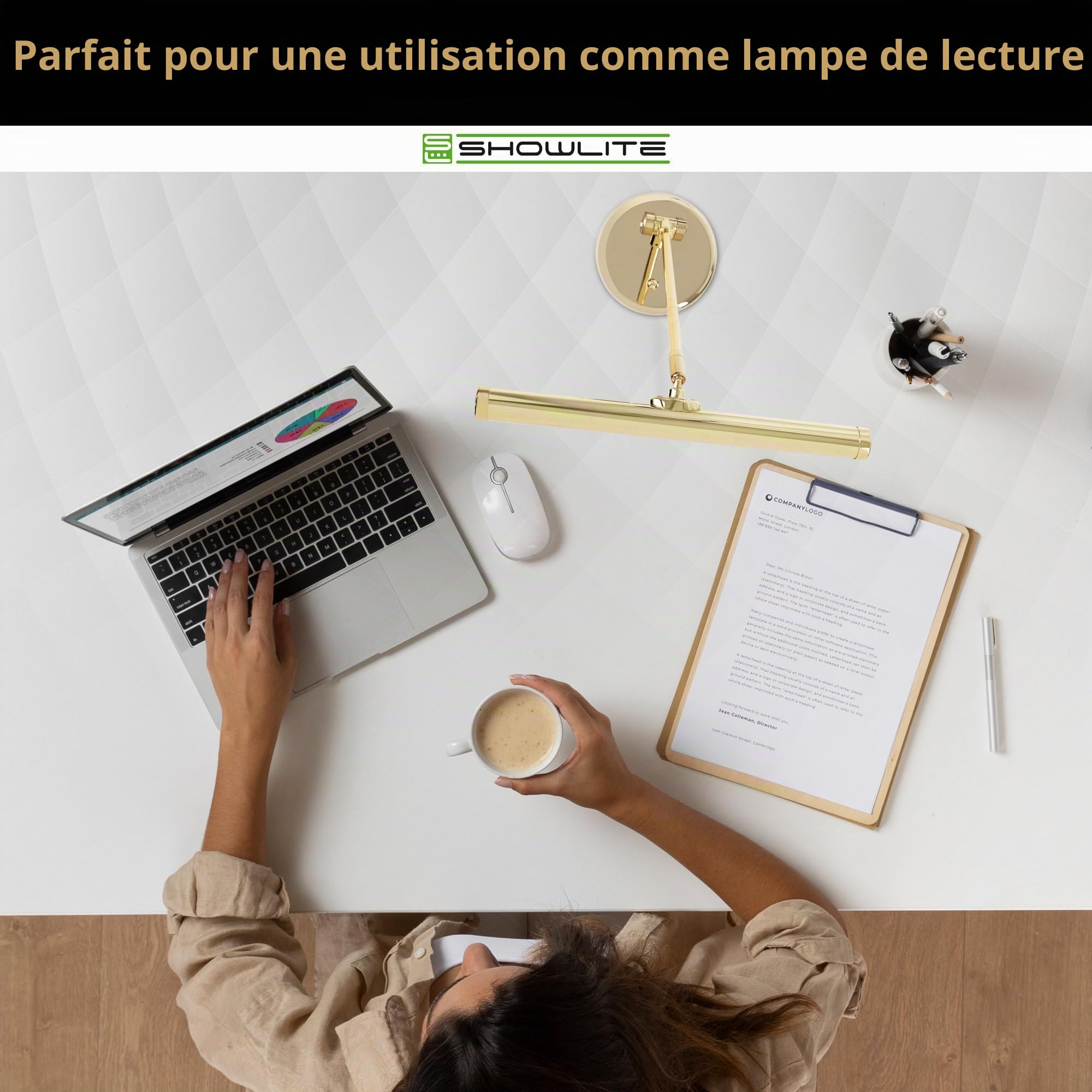 Showlite PL-1-GD-KW Lampe de Piano LED - Lampe de piano avec 15 LEDs - lumière blanc froid en 2 niveaux - hauteur 36 cm - alimentation par USB, secteur ou piles - or brillant