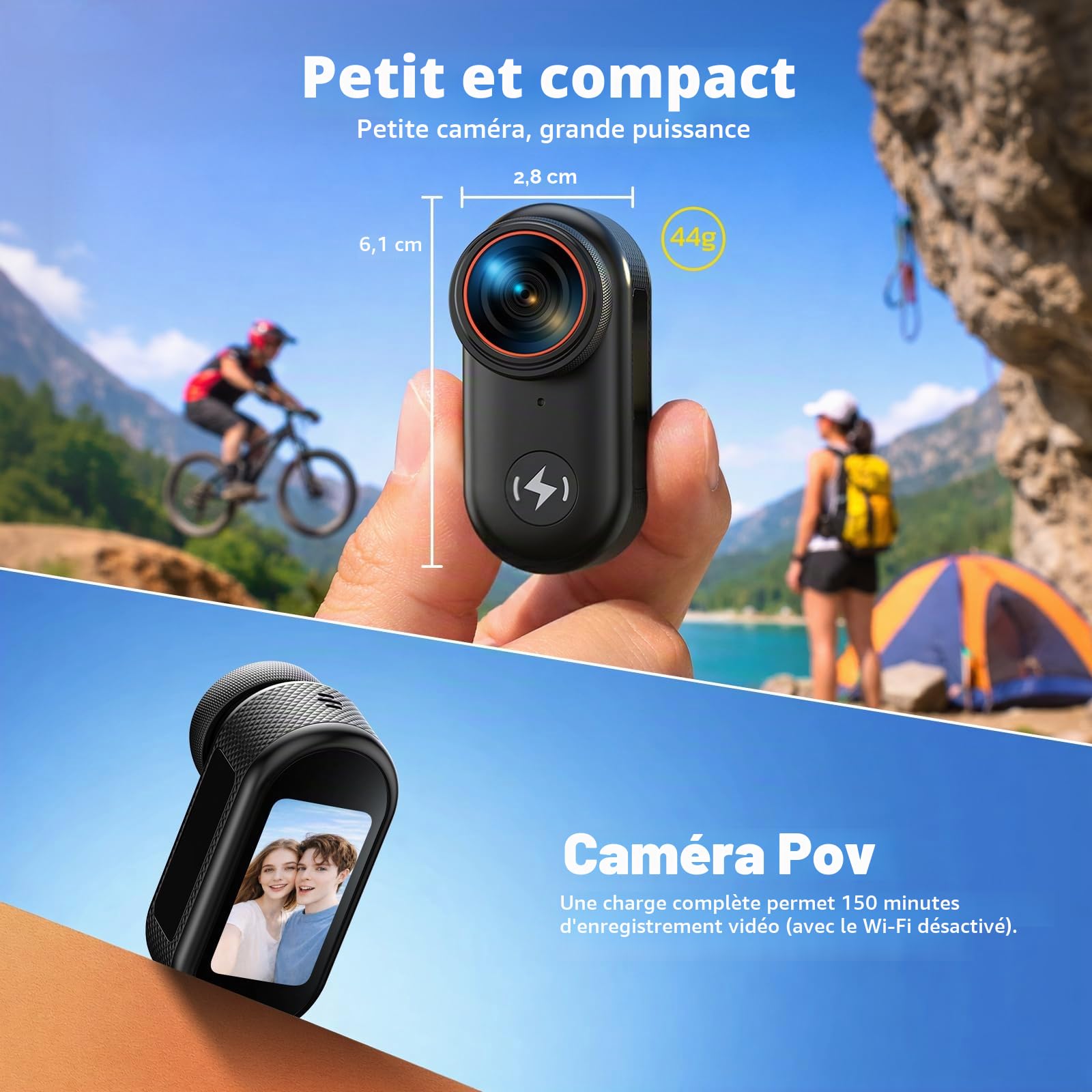 Caméra Sport 4K Bodycam POV avec Carte 64 Go, Action Cam WiFi Ultra-compacte avec écran 1,47", Mini Caméra Corporelle Camescope Portable à Fixation magnétique pour TikTok, Youtube, Vlogging