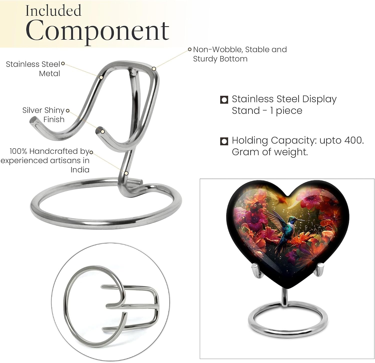 Humming Bird Cremation Urn, Heart Urn, Combo of 2 (10 Inch Urn & Keepsake Urn), Black Urns, Memorial Keepsakes, Cremation Urns for Human Ashes, Urns for Ashes, Small Urns for Ashes, Cat Urns
