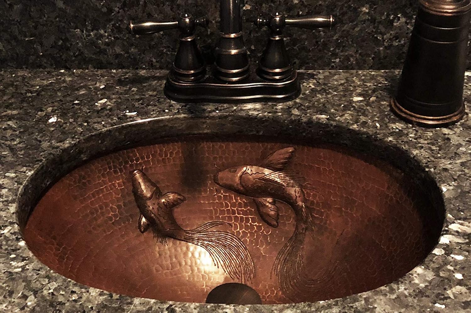 19" Oval Hammered Copper Undermount Sink with Koi Fish Design