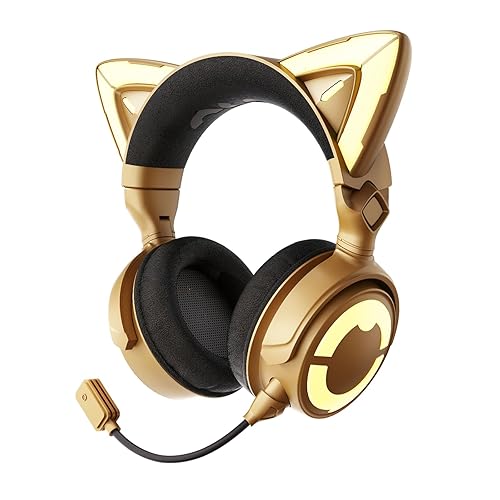YOWU Cat Ear Headphones, Headset with Cat Ears, RGB Wireless & Wired Gaming Headset with Microphone for PC/PS4/PS5/XBOX/Switch, Customizable Lighting and Effect for Gamer(Gold) - Gold