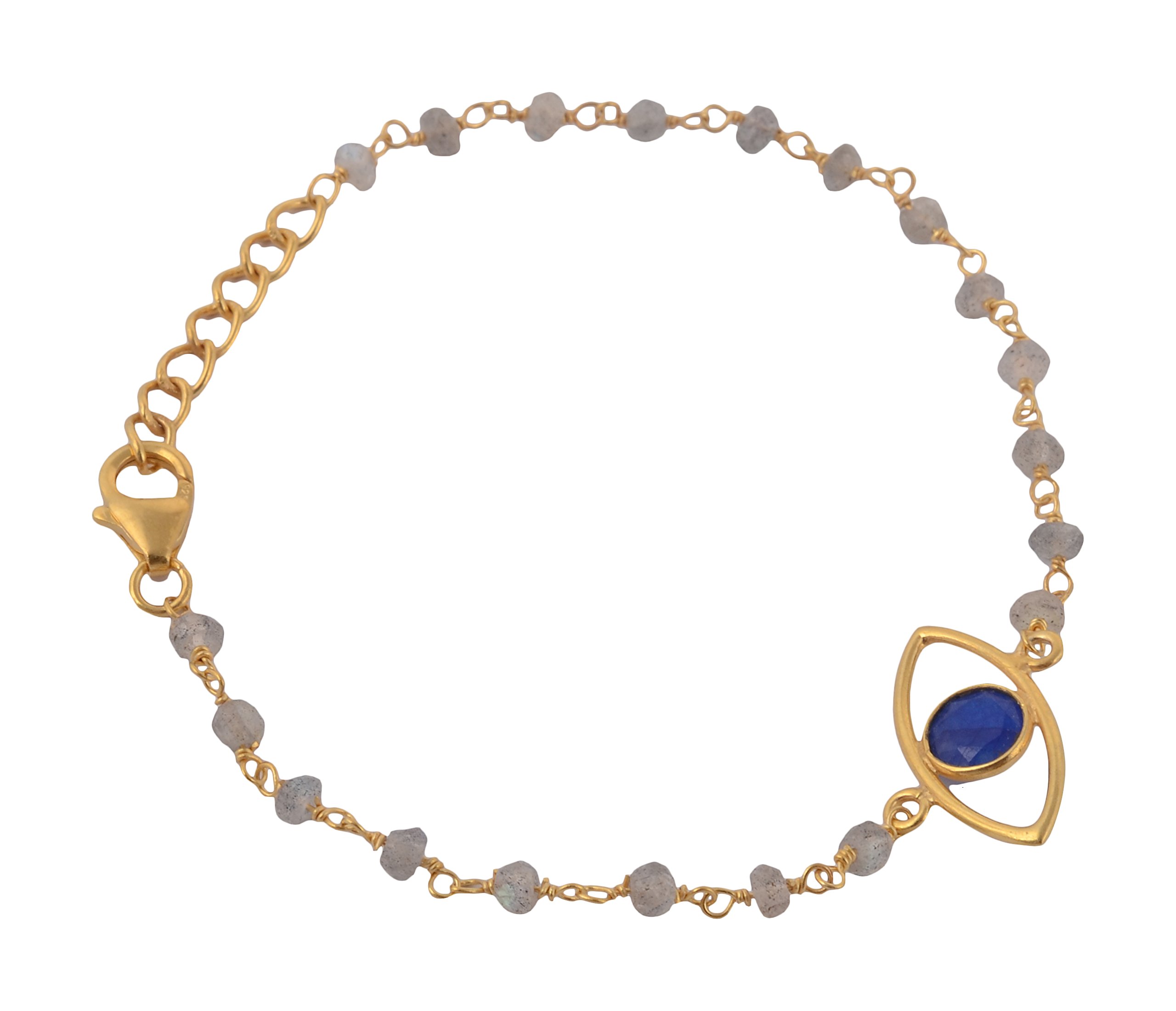 SilverTree925 Traditional Evil Eye Onyx & Labradorite Bracelet with Real Gold Micron Plating on Pure Sterling Silver for Girls & Women (ST 523)