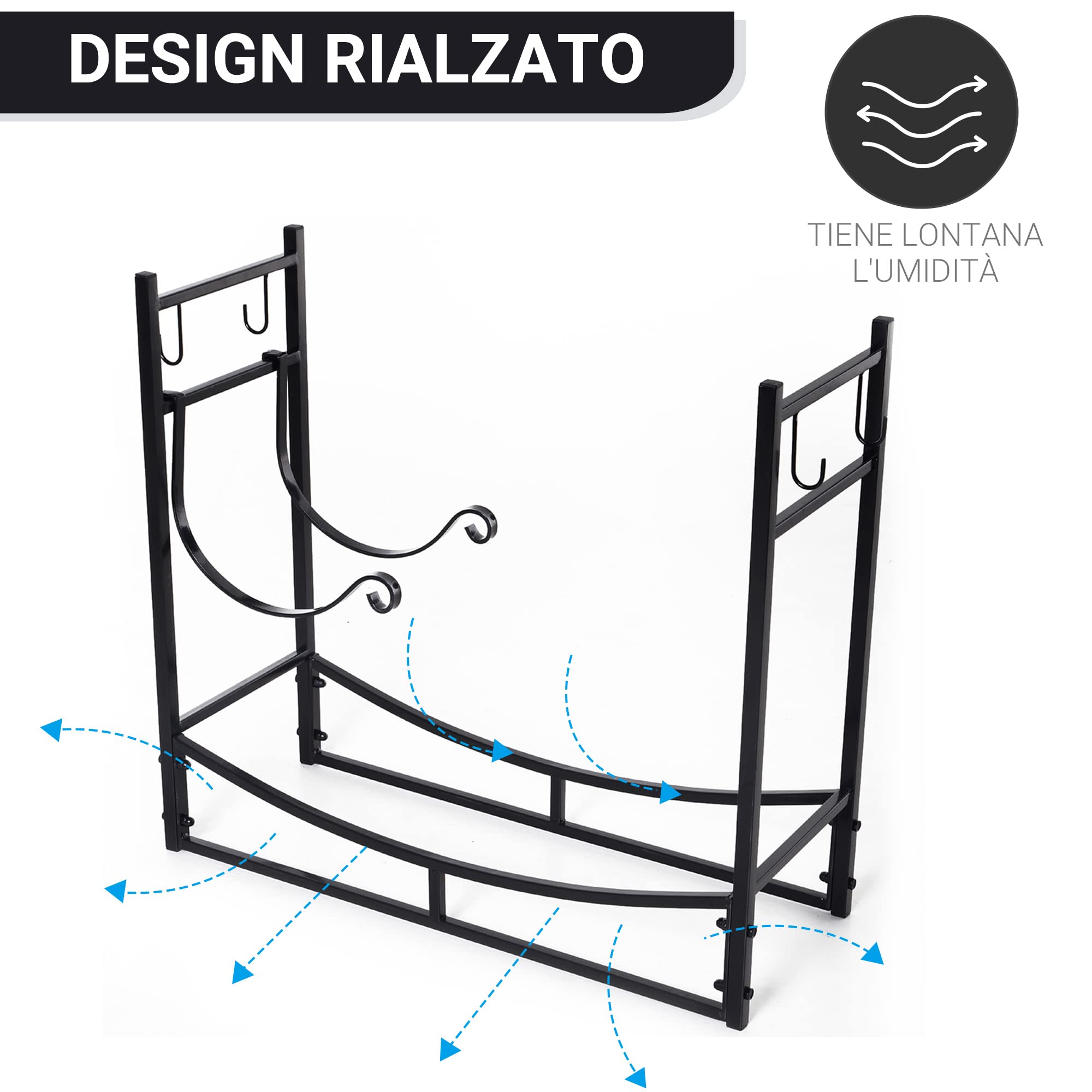 Outsunny Portalegna da Interno ed Esterno in Metallo con Paletta, Scopa, Attizzatoio e Pinza, Nero, 84x33x76cm
