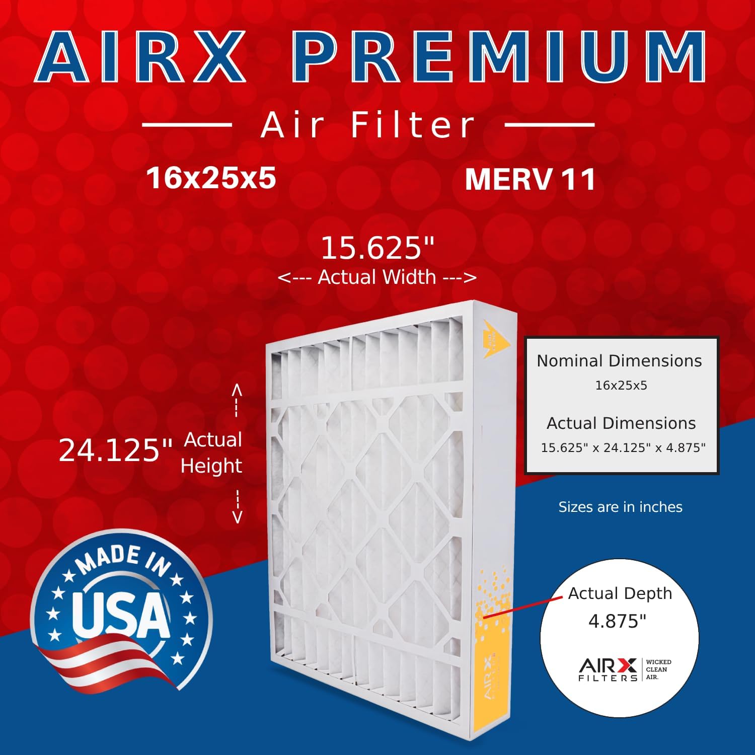 AIRX FILTERS WICKED CLEAN AIR. 16x25x5 Air Filter MERV 11 Compatible with GeneralAire GF 4511 14161 Furnace Filter 2 Pack