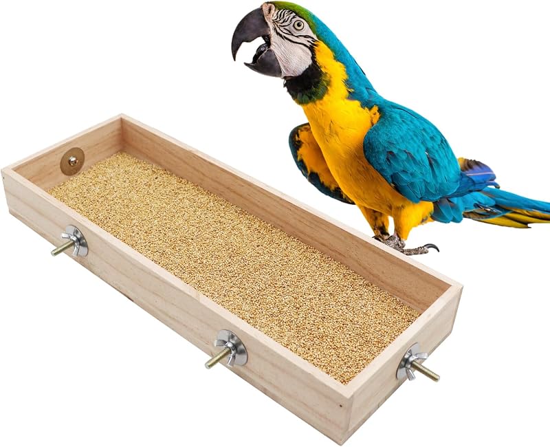 Comedouro suspenso de madeira natural com poleiro para aves e pequenos animais Dnoifne – 40 × 15 × 5 cm