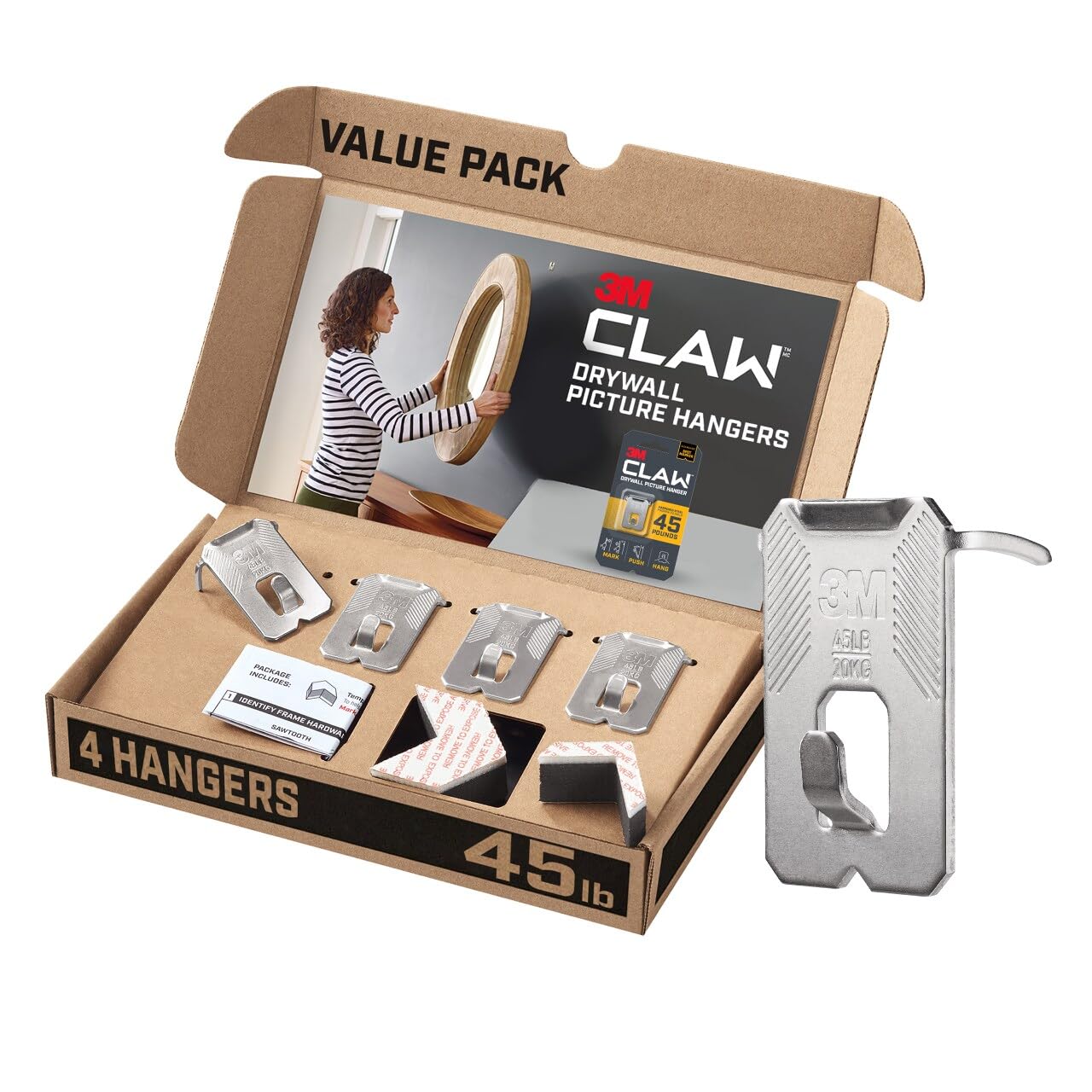 3M CLAW(TM) 45 lb. Drywall Picture Hanger With Spot Markers, Heavyweight Hanging Solution for Room Decor and Office Decor, Including Mirrors or Large Art – 4 Count (Pack of 1)