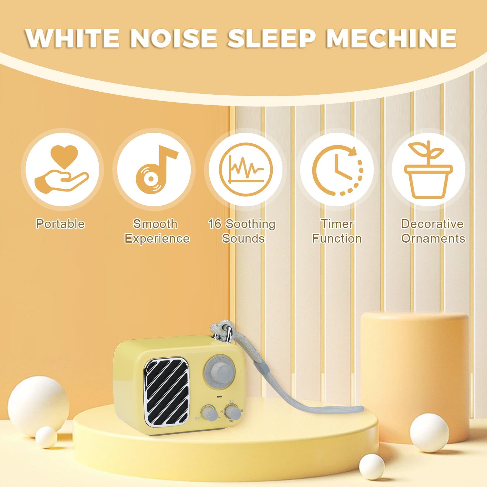 White Noise Machine with 16 Soothing Sounds – Portable Sleep Sound Device with Timer & Adjustable Volume for Baby, Kids, Adults, Travel & Office (Butter Yellow)