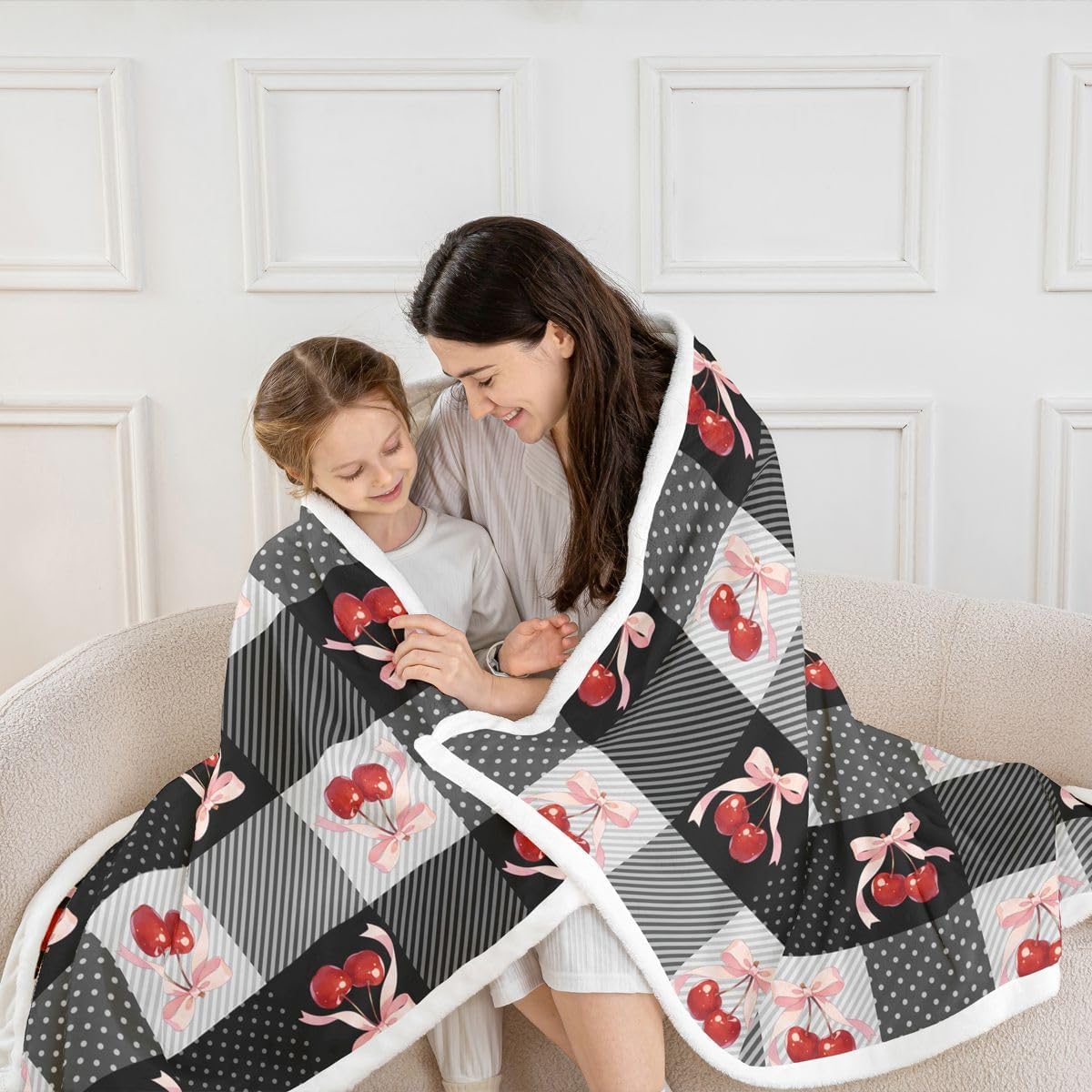 Cute Bowknot Cherry Fleece Throw Blanket Baby 30"x40" Kids Coquette Bow Sherpa Blanket Plush Fuzzy for Boys Girls Teens Bow for Bed Couch Chair Living Room Microfiber Buffalo Checkered Room Decor