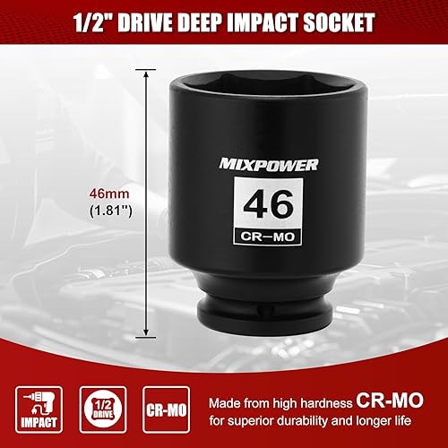 Miniatura 152 de MIXPOWER Enchufe de impacto profundo de 1/2", CR-MO, 1.417 in, métrico, 6 puntos, tuerca de eje de grado de impacto para una fácil extracción
