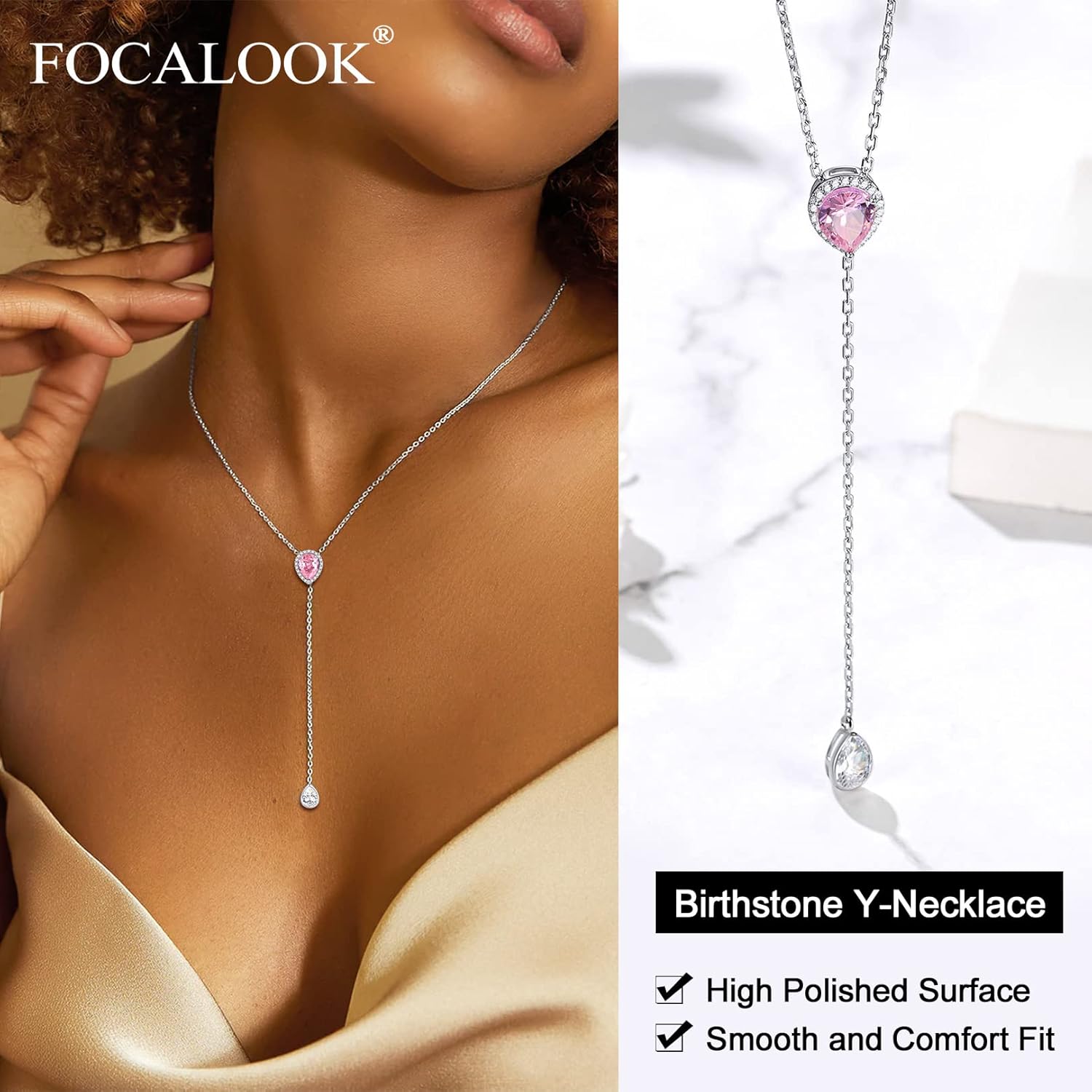 FOCALOOK 925 Sterling Silver Birthstone Long Pendant Necklace 16"-18" Y Drop Adjustable CZ Teardrop Lariat Necklaces for Women Mom Birthday Jewelry - Image 5