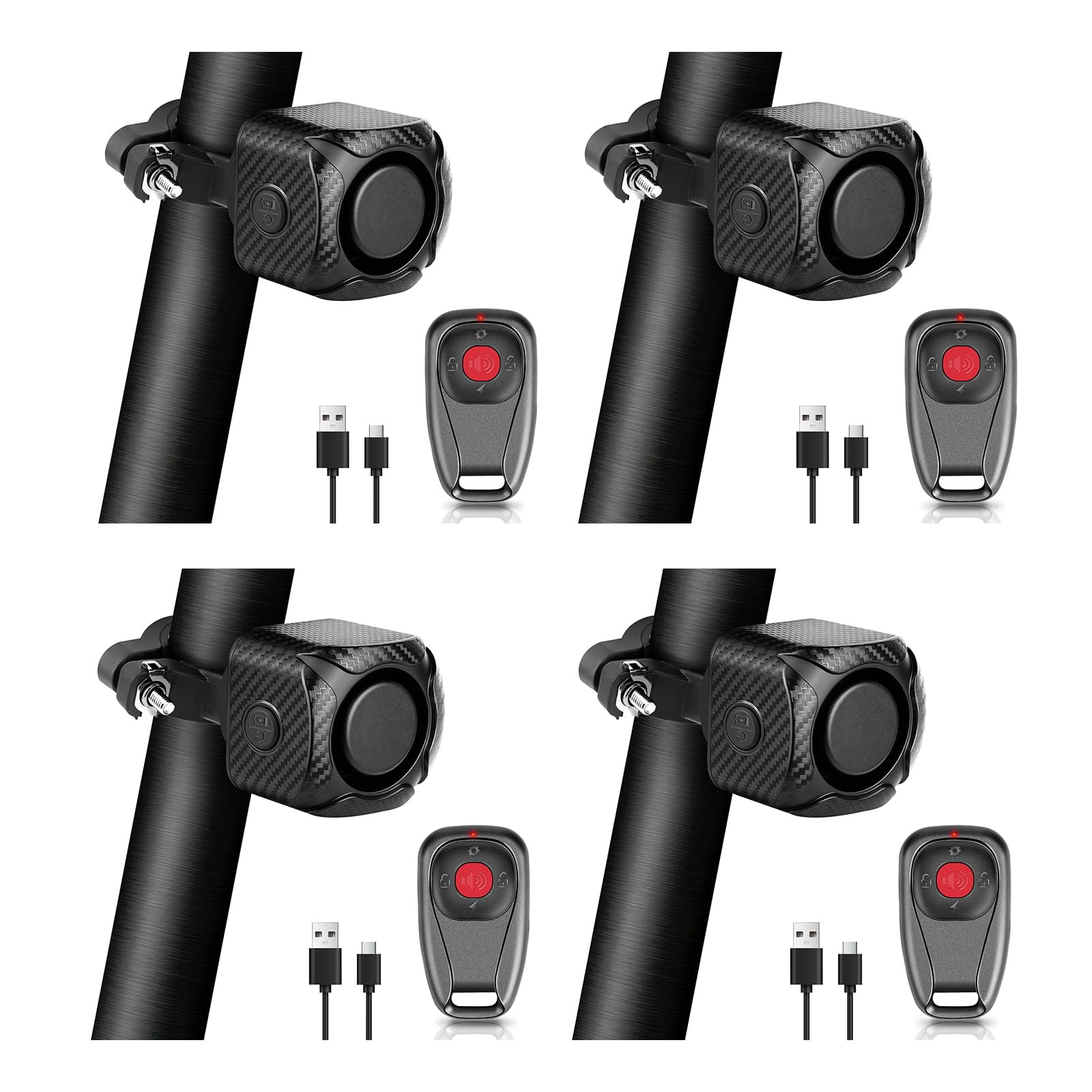 NineLeaf Zwei-Wege-Fahrradalarm mit Fernbedienung 4PK | USB-C wiederaufladbar, 121dB Fahrrad-Alarm mit Vibrations-Diebstahlschutz für Fahrrad und Motorrad IP65wasserdicht