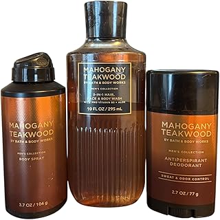 Bath Body Works Men's Collection Scent MAHOGANY TEAKWOOD 3-Piece Bundle Cologne Body Spray - Antiperspirant Deodorant - Shower Gel