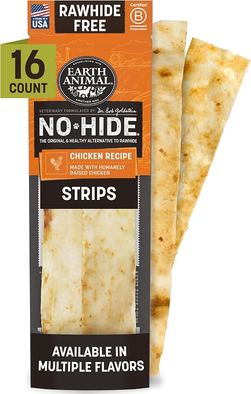 Petisco mastigável para cães Earth Animal No Hide Strips de frango sem couro bovino, 16 unidades