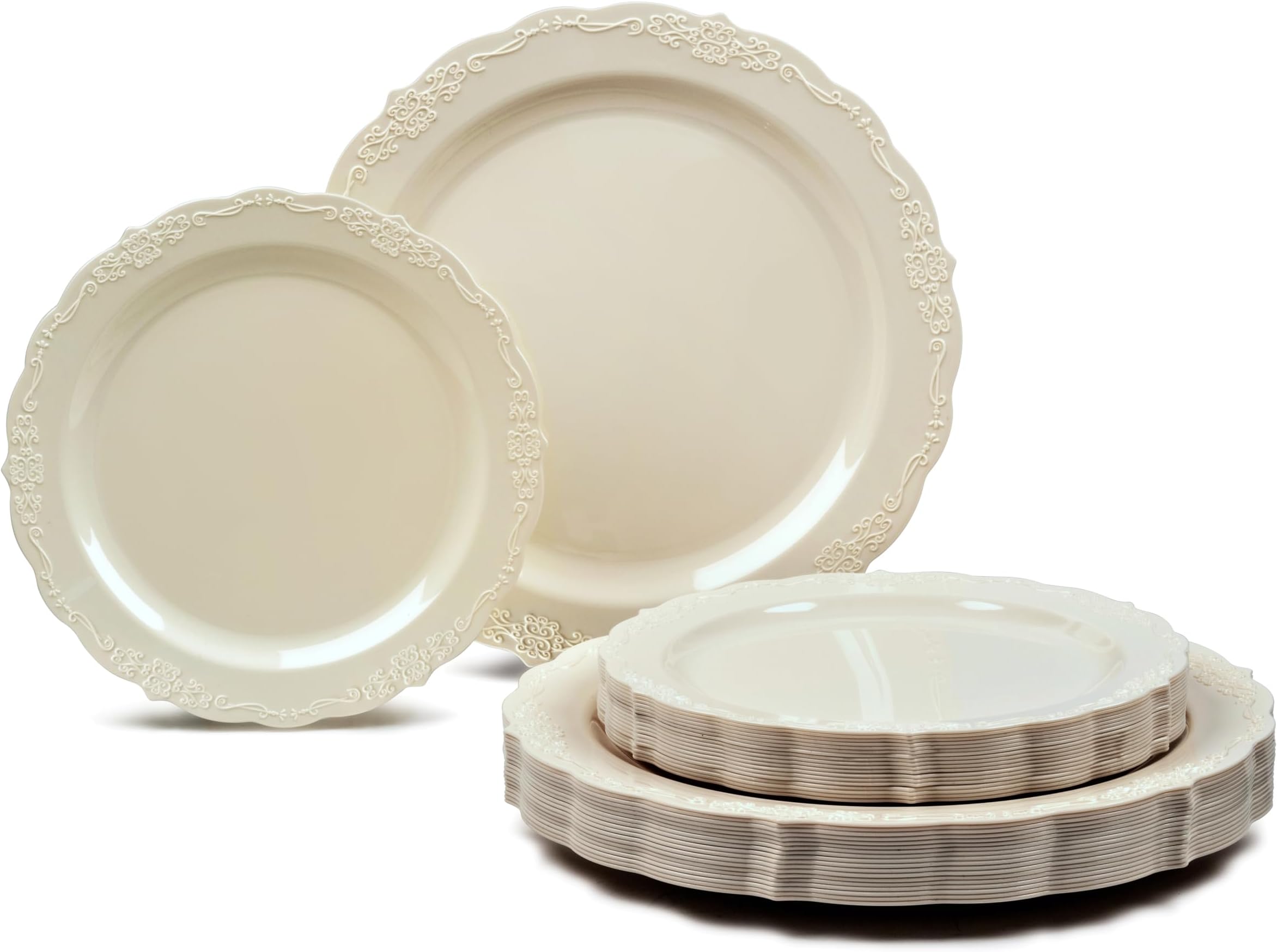 OCCASIONS 50 Piece Plastic Plates Set for 25 Guests – Premium Disposable Dinner & Dessert Plates, Elegant Party & Wedding Tableware, BPA-Free, 10" & 7.5" Plates, Verona in Ivory