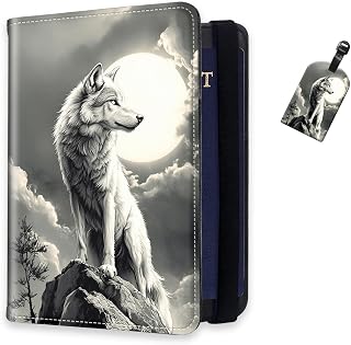 RFID Passport Holder for Travel with Luggage Tags, PU Leather Passport Wallet with Multiple Card Slots, Wolf Under Full Moon Travel Passport Case for Men & Women