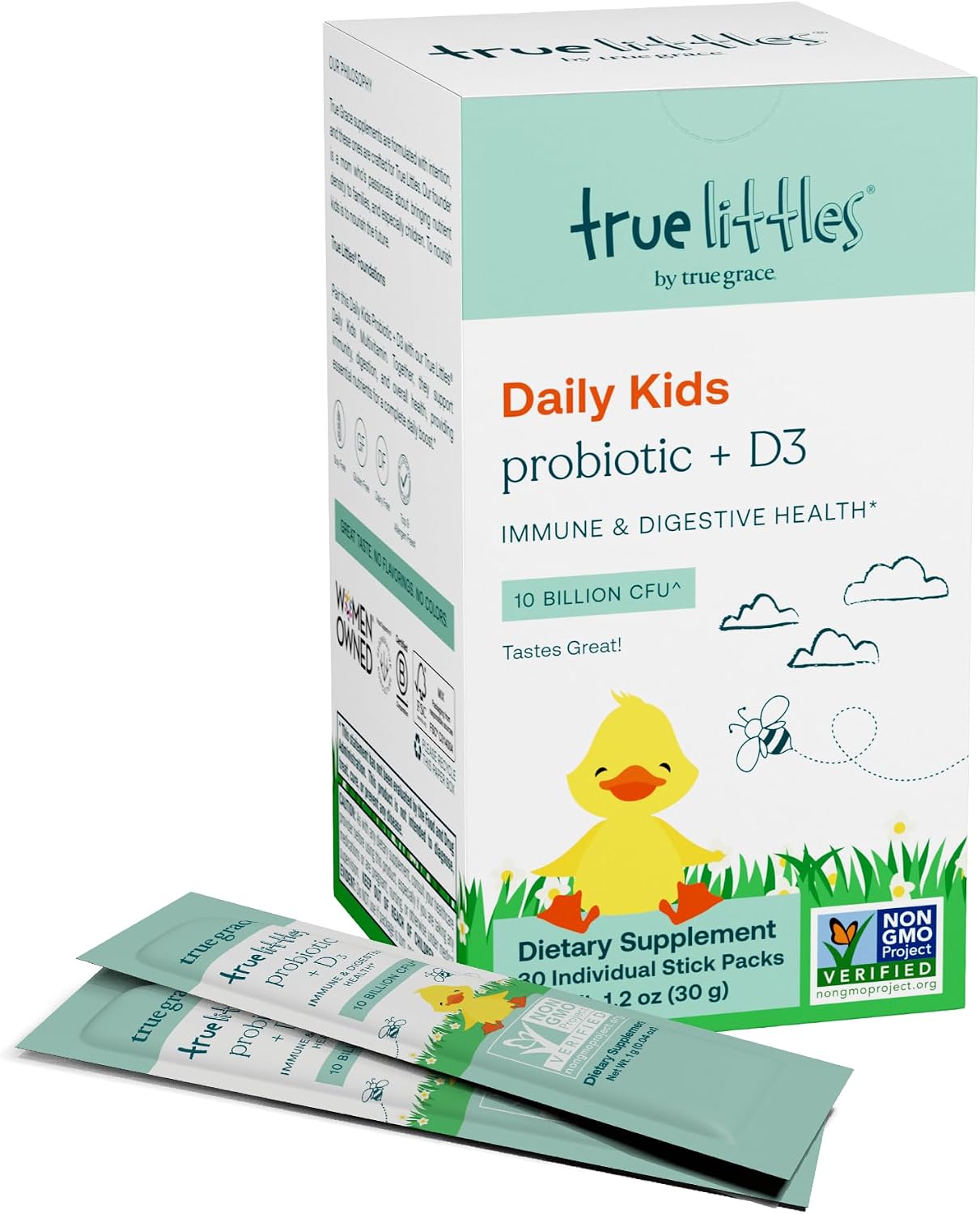 True Grace True Littles - 30 Individual Stick Packs - Kids’ Daily Probiotic + Vitamin D3 for Immune & Digestive Health - Gluten, Soy & Dairy Free - 30 Servings