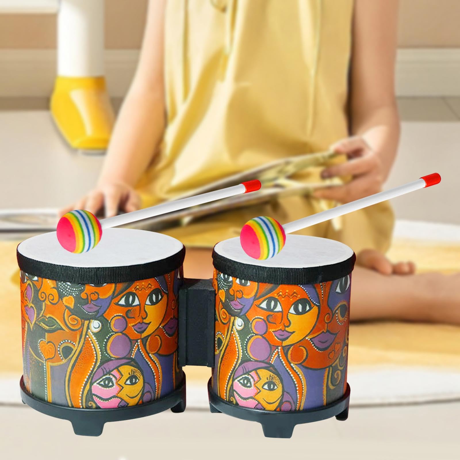Colcolo Musik-Erleuchtungstrommel, afrikanische Handtrommel mit Holztrommelstöcken, zum Üben von Bongos, Bongo-Trommel-Set für Kinder, Kinder und Erwachsene, Gesicht