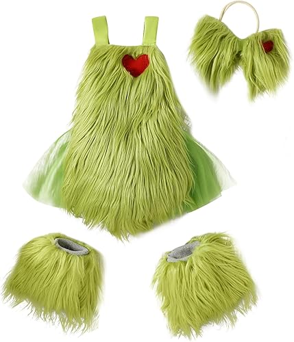 Disfraz de Navidad para bebé niña pequeña, disfraz de piel sintética de tul con tutú de piel verde mullida, calentadores de piernas, calcetines,