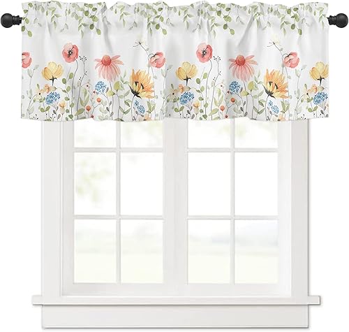 YOKOU Cenefa de cortina, flores silvestres de primavera, plantas de hojas florales de granja, bolsillo corto para barra, tratamiento de ventana para