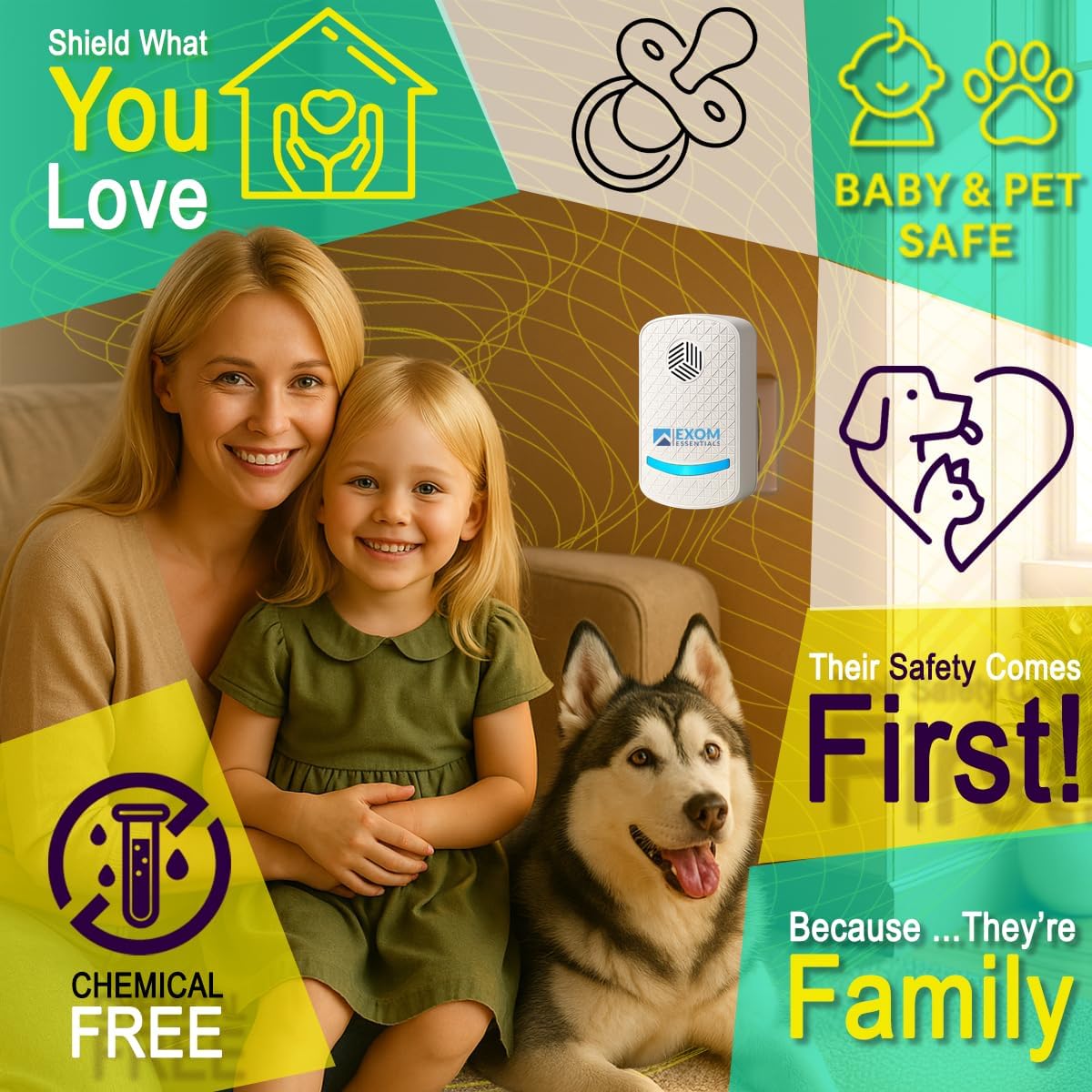 Mother, child, and dog in a living room, with icons indicating baby and pet safety, and chemical-free operation.