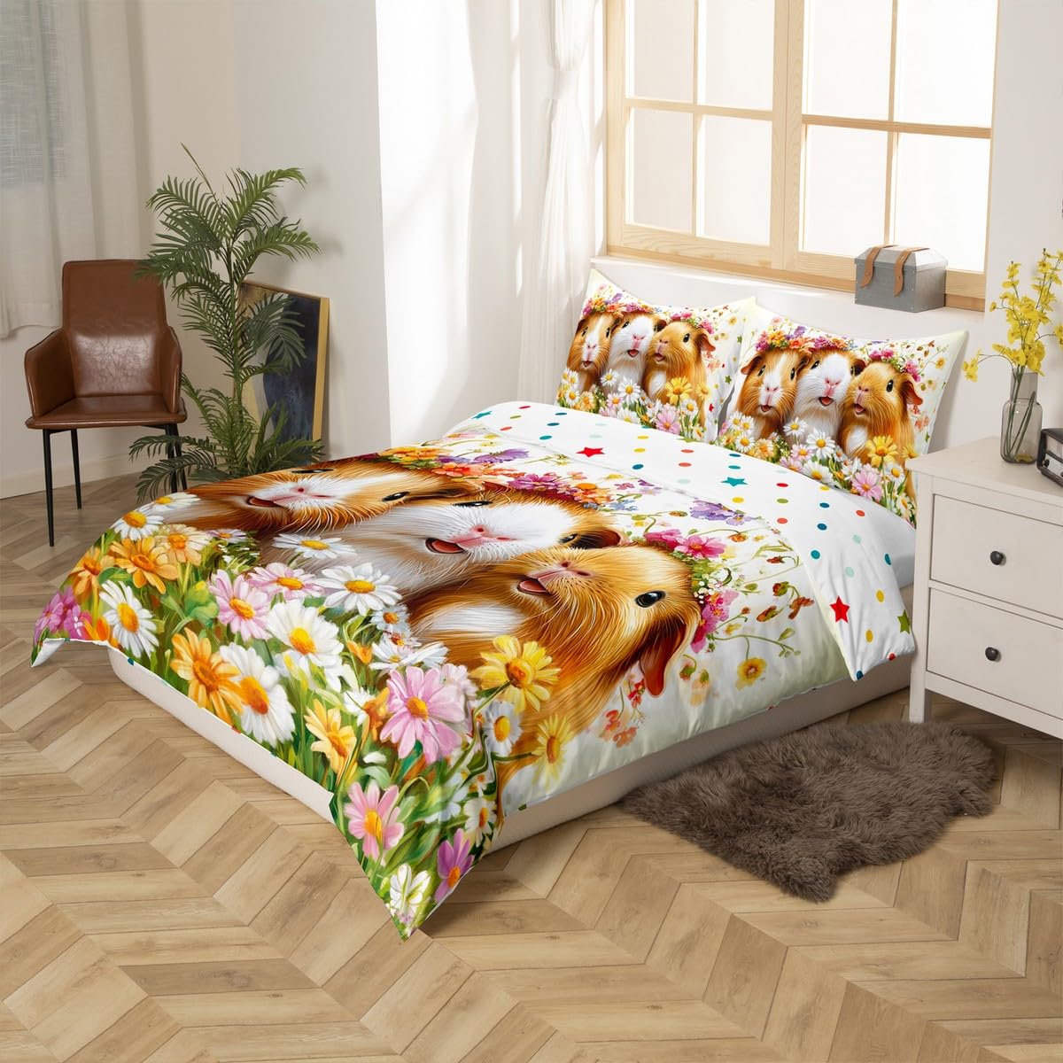 Homewish Guinea Pig Duvet Cover King for Kids Bedroom Decor Cute Guinea Pig Design Bedding Set for Girls Chic Garden Floral Print Quilt Cover Lovely Pet Animal Themed Bed Sets - Image 2