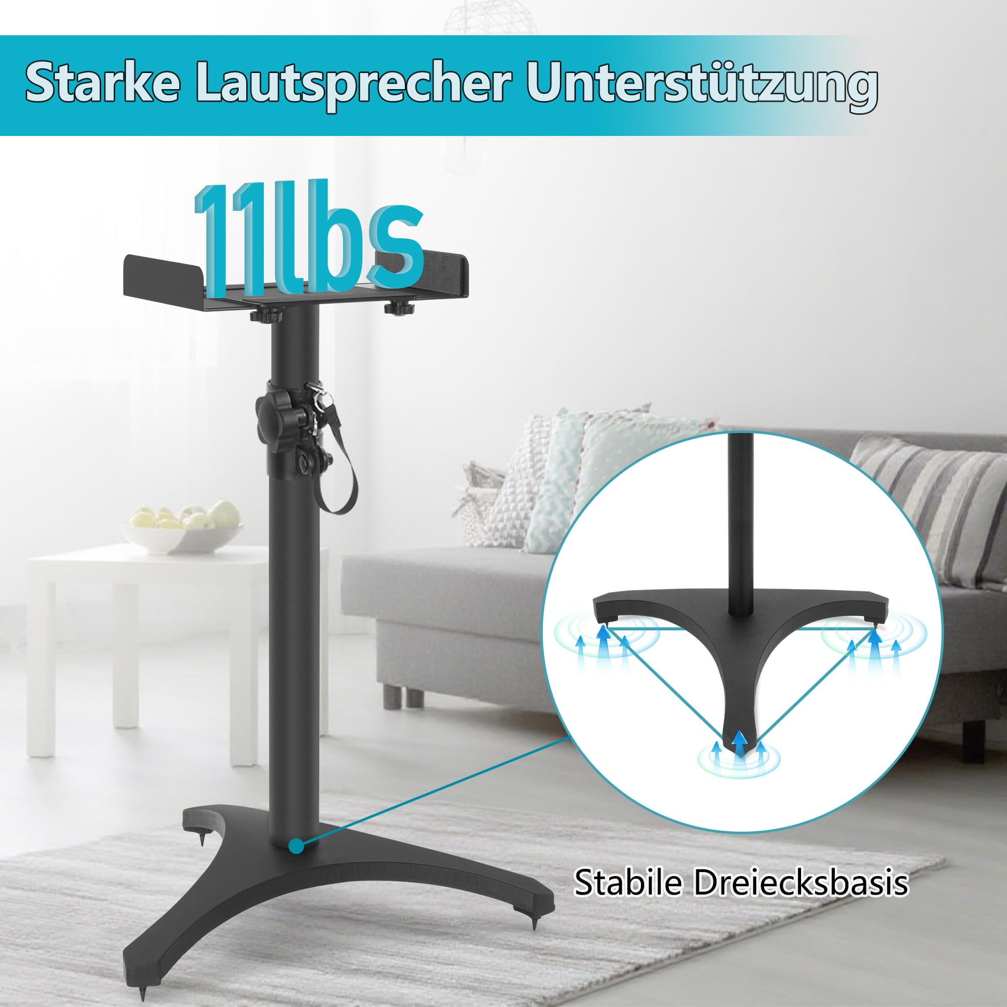 2er-Pack Lautsprecherständer Höhenverstellbarer von 50,5 bis 75 cm, 5 KG Tragkraft, Bodenlautsprecherständer mit Dreieckiger Basis, für Satelliten und Regallautsprecher, Schwarz